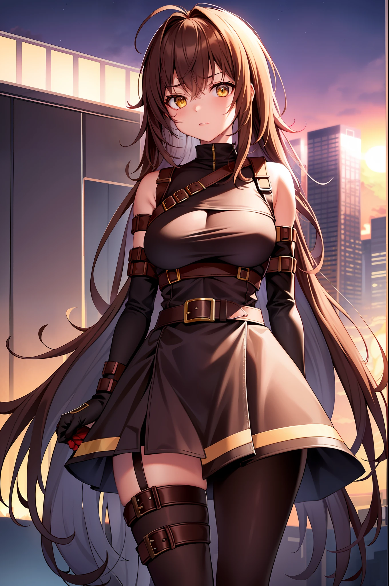 nina bodysuit, 1girl, bandages, ripped uniform, brown clothes, large breasts, solo, very long hair, messy hair, detailed face, serius face, dark brown hair, looking at viewer, exposed skin, upper body, city, belts, sunset, bandages, pink details, dark, sunset (masterpiece:1.2, best quality)