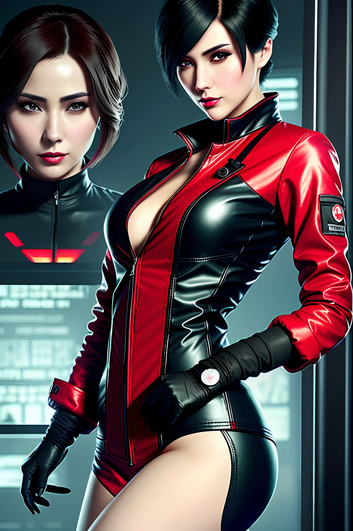 There is a woman in a scientist costume and black gloves, realistic outfit, red jacket, seductive portrait, photorealistic perfect body, realistic shaded perfect body, 2b, 2b, glamorous Ada wong, Li Bingbing as Ada wong, Thicc, Ada, glowing wlop skin, Resident evil