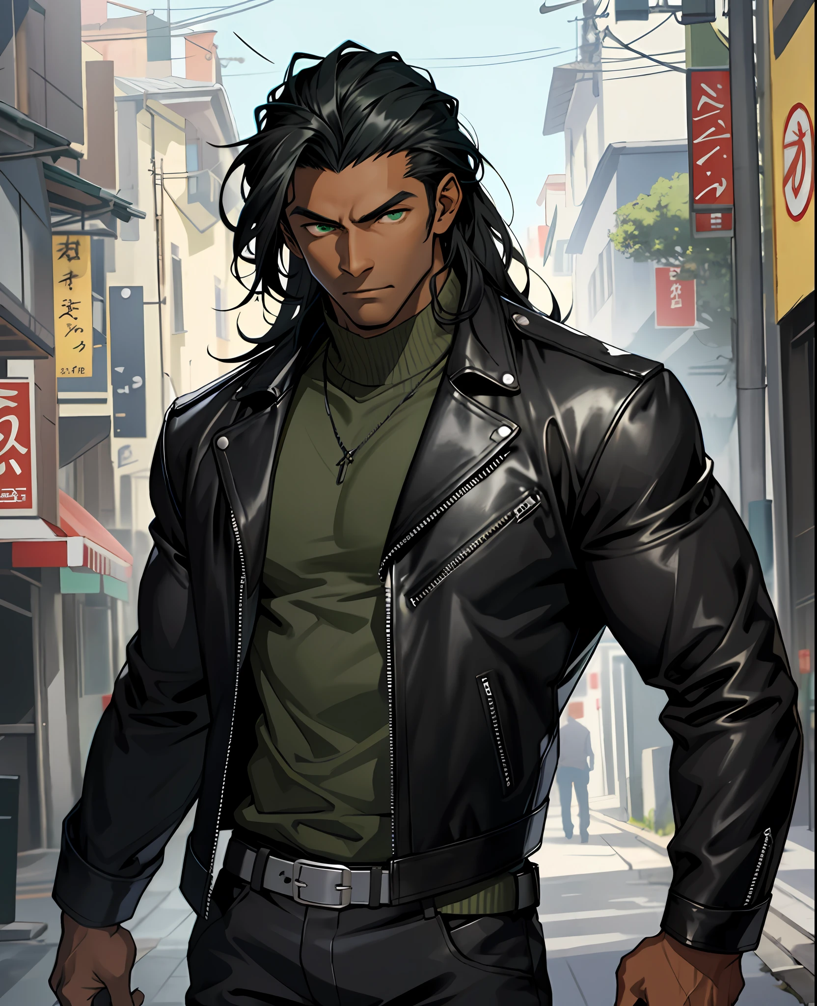 Tall man, dark skinned, handsome, leather jacket, strong, long hair, black hair, dark skin, alone, detailed green eyes, posture would be