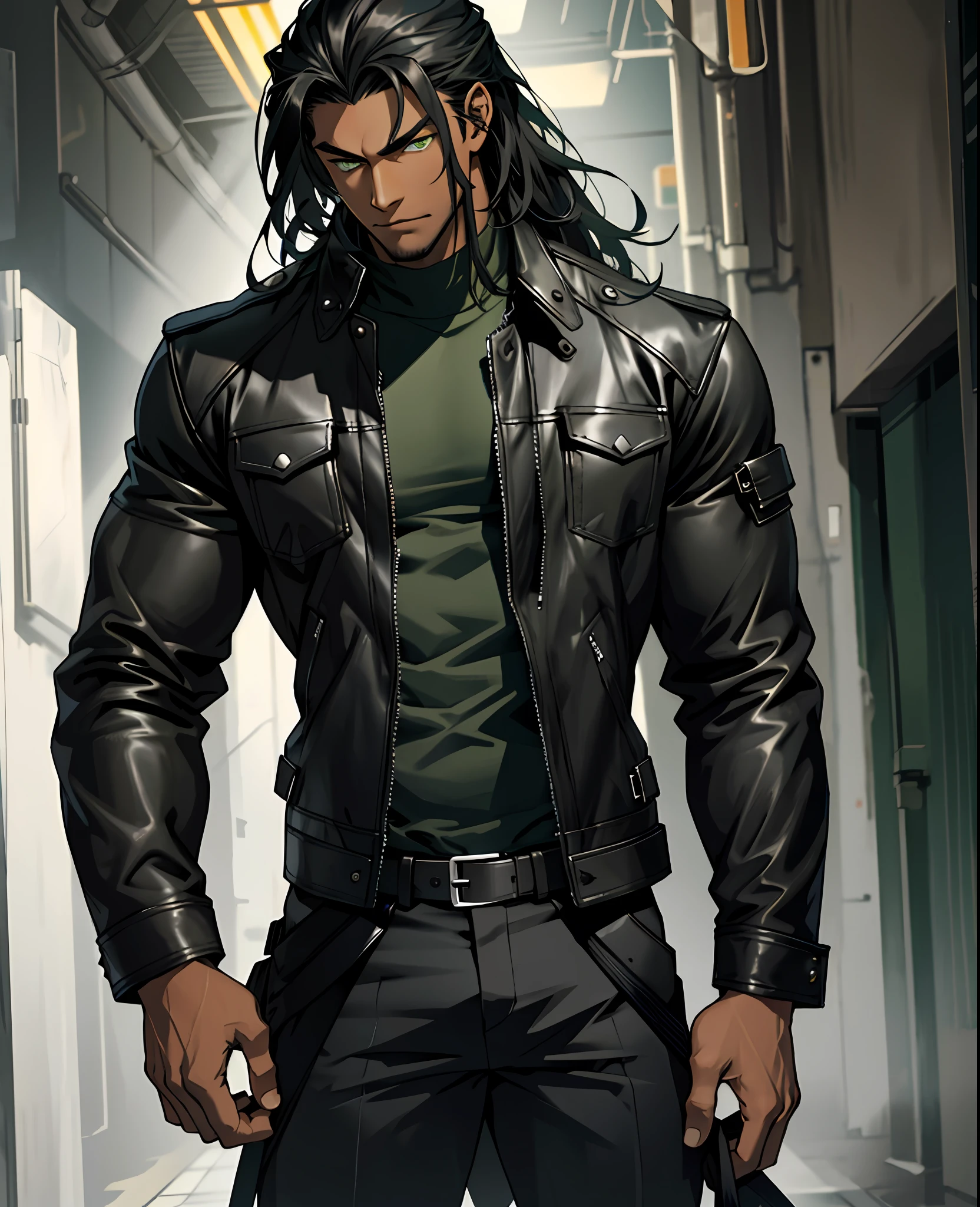 Tall man, dark skinned, handsome, leather jacket, strong, long hair, black hair, dark skin, alone, detailed green eyes, posture would be