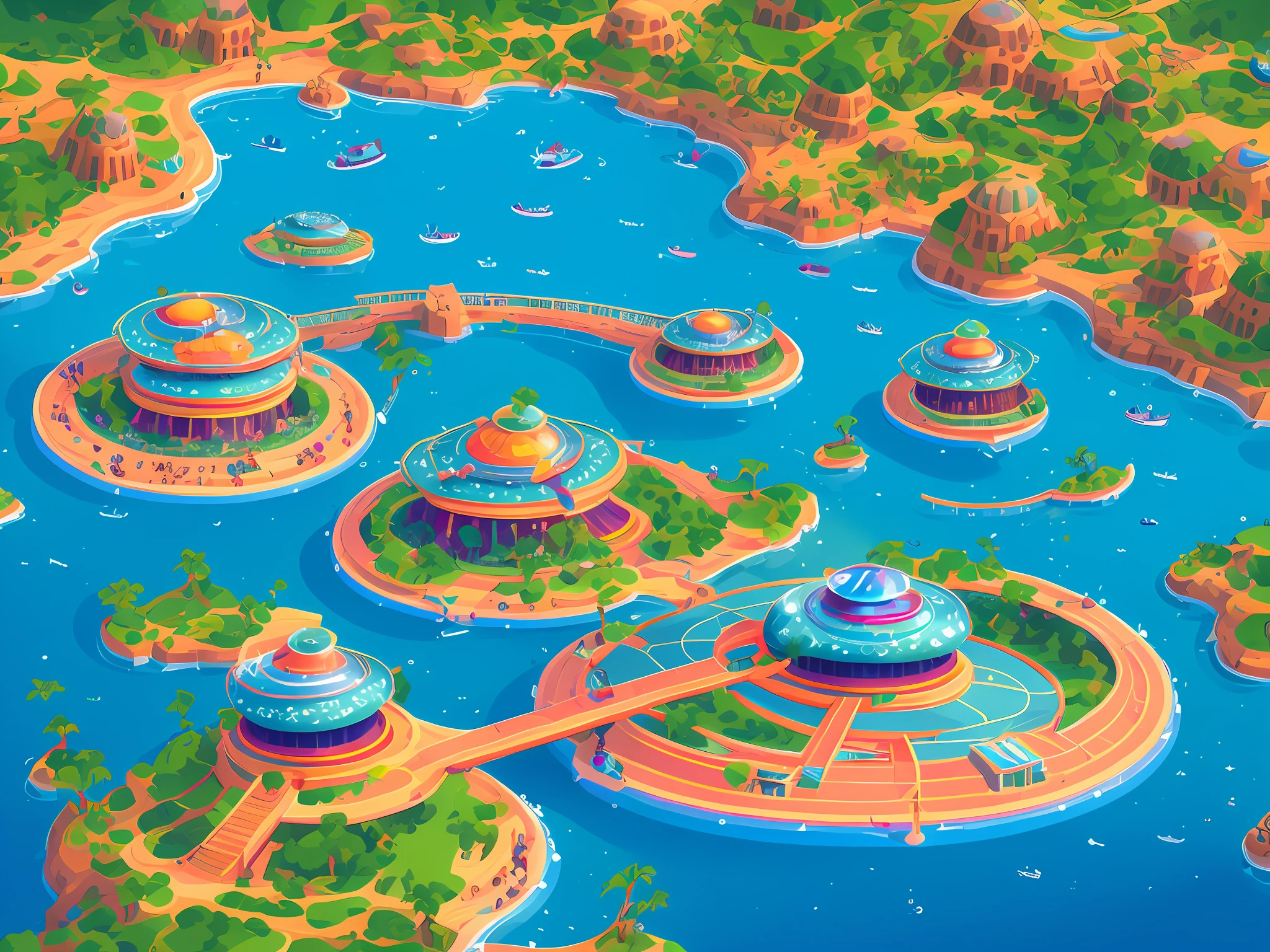 Create an image, of a circular spaceship, with a civilization living on top and a mercabah on the waterfront