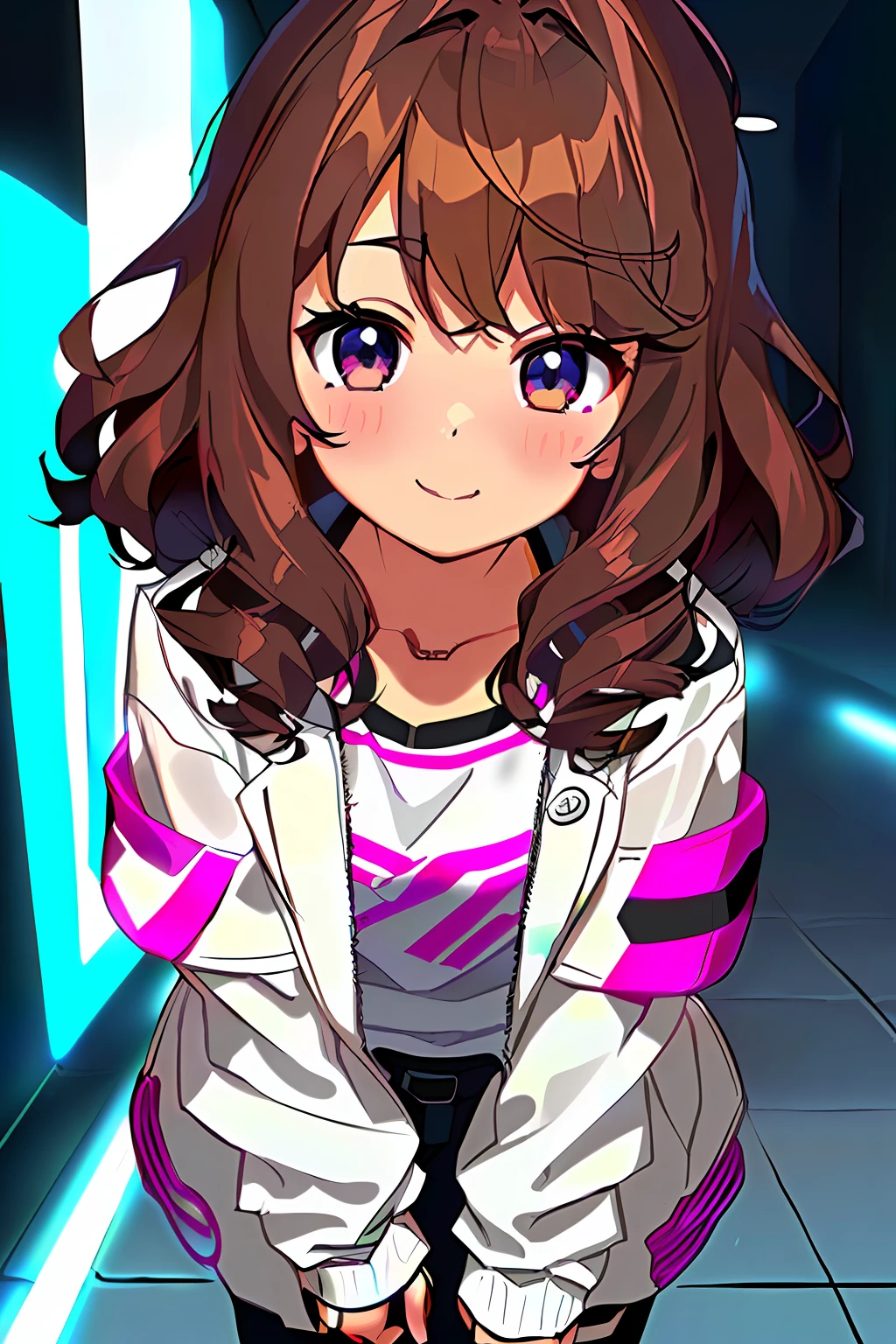 Boy, teenager, brunette, curly hair, white jacket with neon details, cartoon, anime