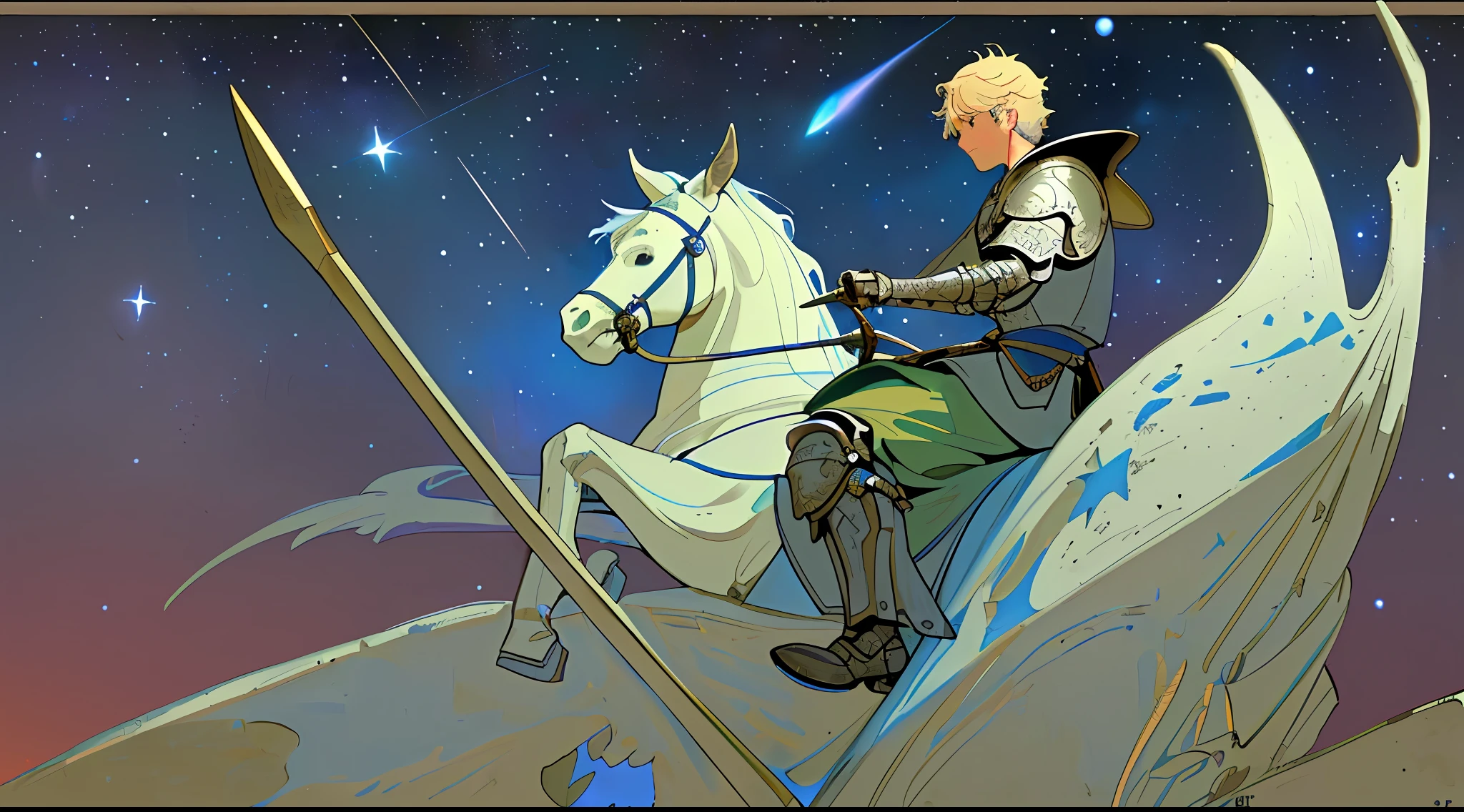 (masterpiece), (best quality), (best detail), (worn paper edges), (far point of view),(full body),(main color of illustration: pastel blue), (secondary color: ivory white), vintage illustration of a medieval warrior in metal armor (bright and realistic),(very detailed face with challenging posture,scene stone ruins, night (sky with many stars), shading (detailed, high contrast), highly saturated pulp colors