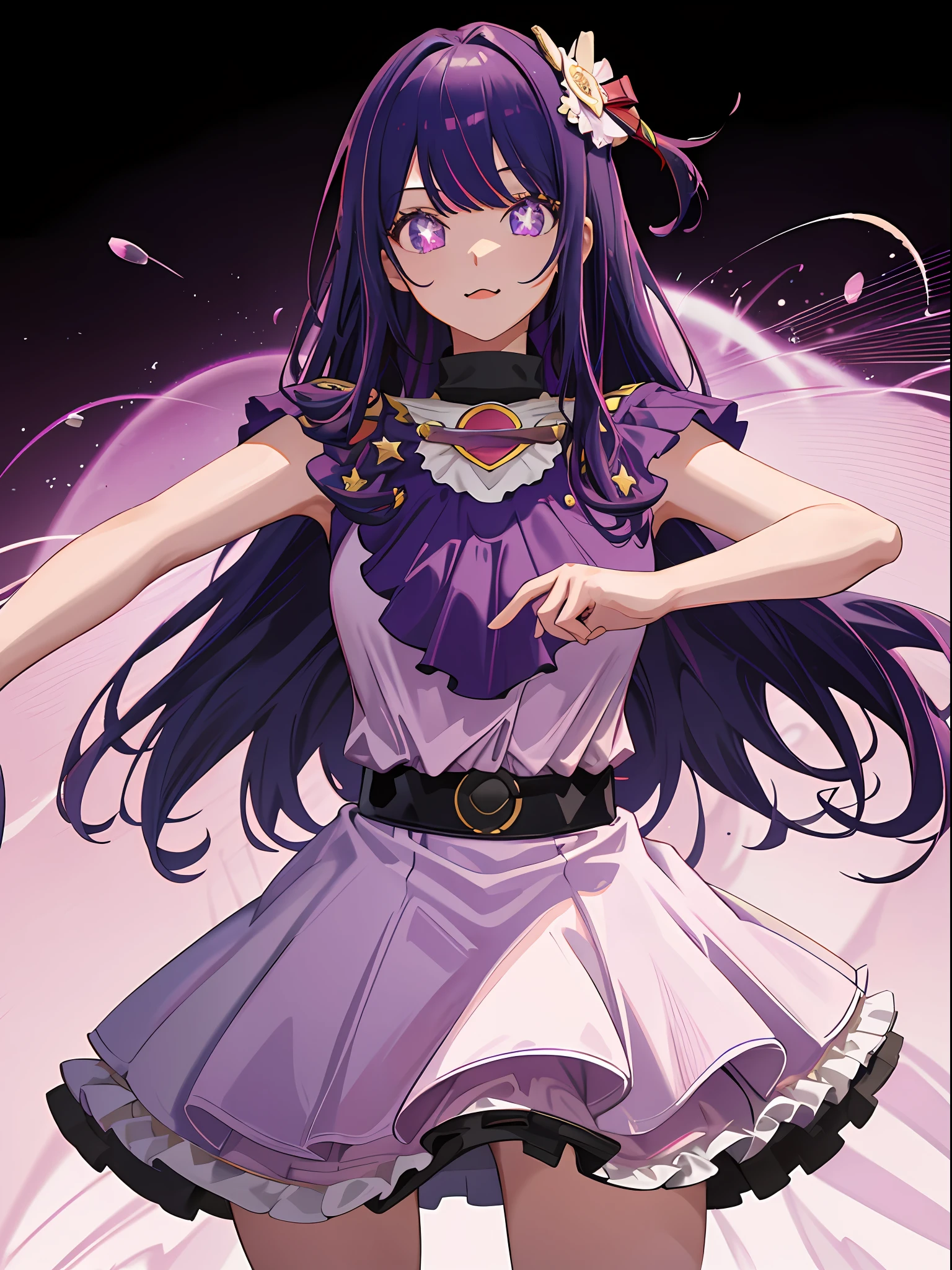 1girl, solo ,idol outfit, bangs, happy ,posing , multicolored hair, (masterpiece:1.2), highres, best quality, 8k, white background, purple hair, star eye pupils, pink eyes , mouth open