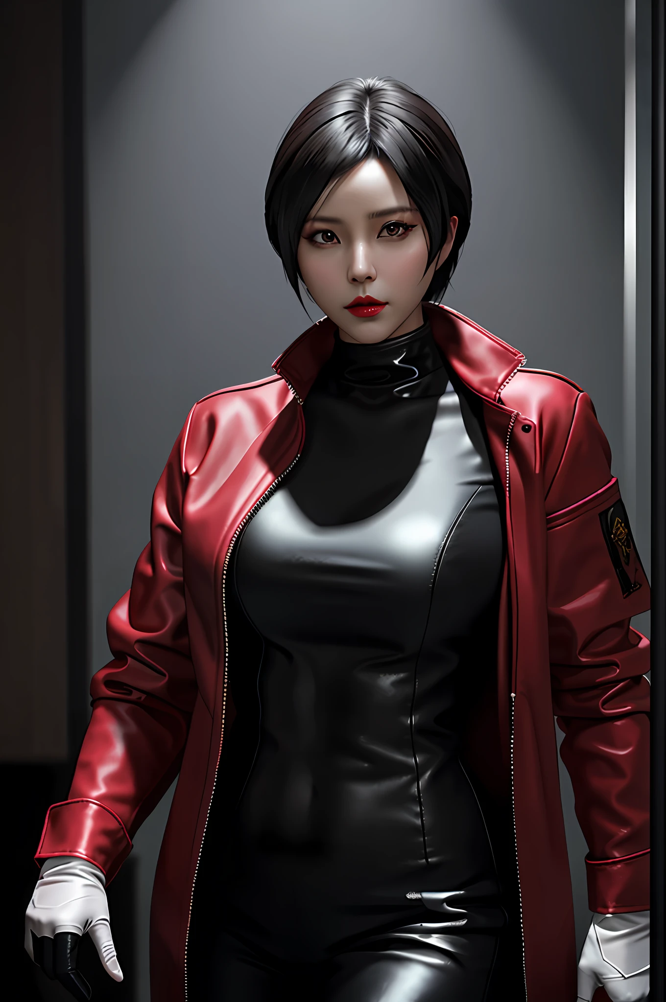scientist costume and black gloves, realistic clothing, seductive portrait photorealistic perfect body, realistic shaded perfect body, 2b, 2b, glamorous Ada wong, Thicc, shiny wlop skin, Resident evil, red jacket