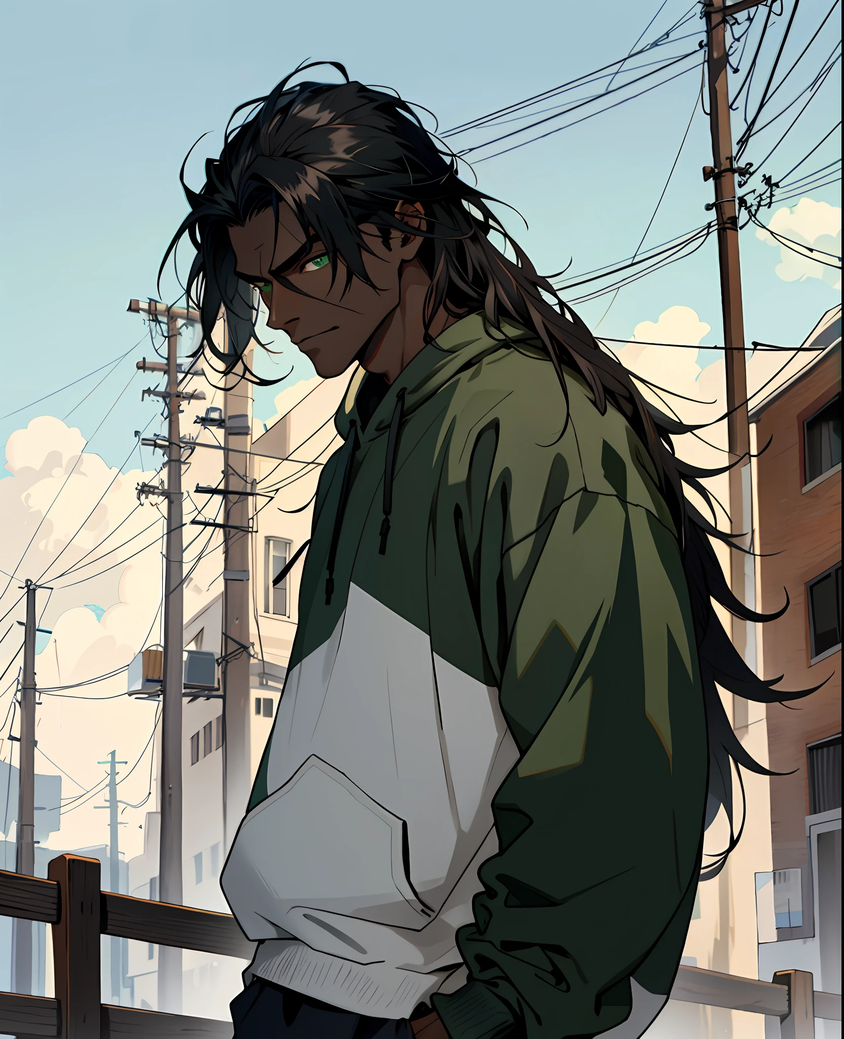 Tall man, dark skinned, handsome, sweatshirt, strong, long hair, black hair, dark skin, alone, detailed green eyes, posture would be, scar on right eye,