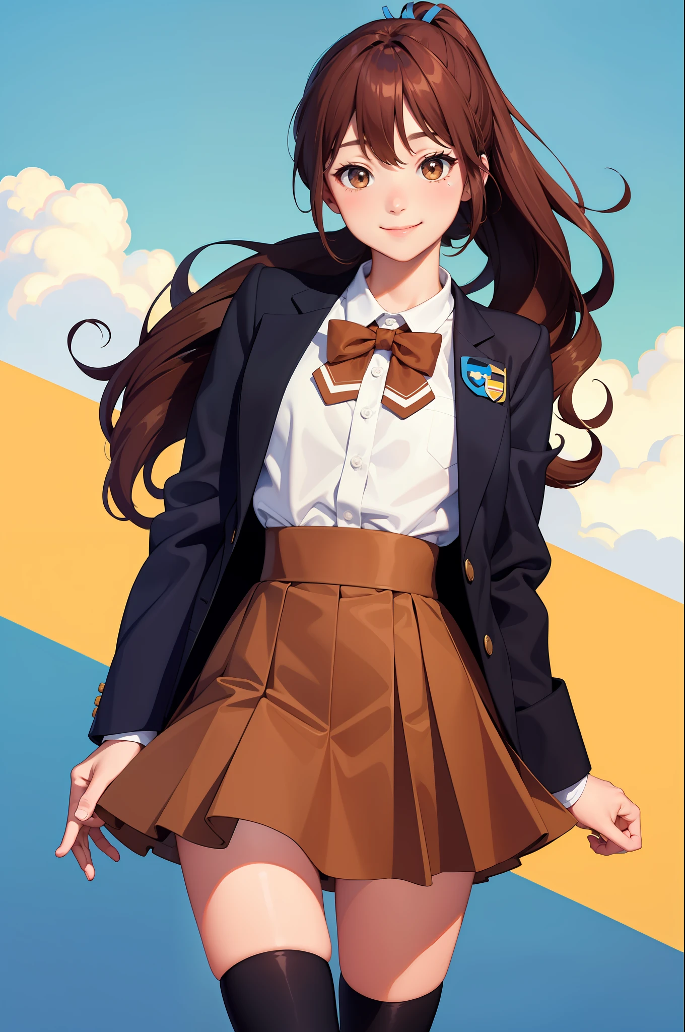 (masterpiece, best quality:1.2), cowboy shot, solo, 1girl, oc, smile, looking at viewer, arms behind back, brown hair, curly hair, ponytail, school uniform, jacket, skirt, kneehighs