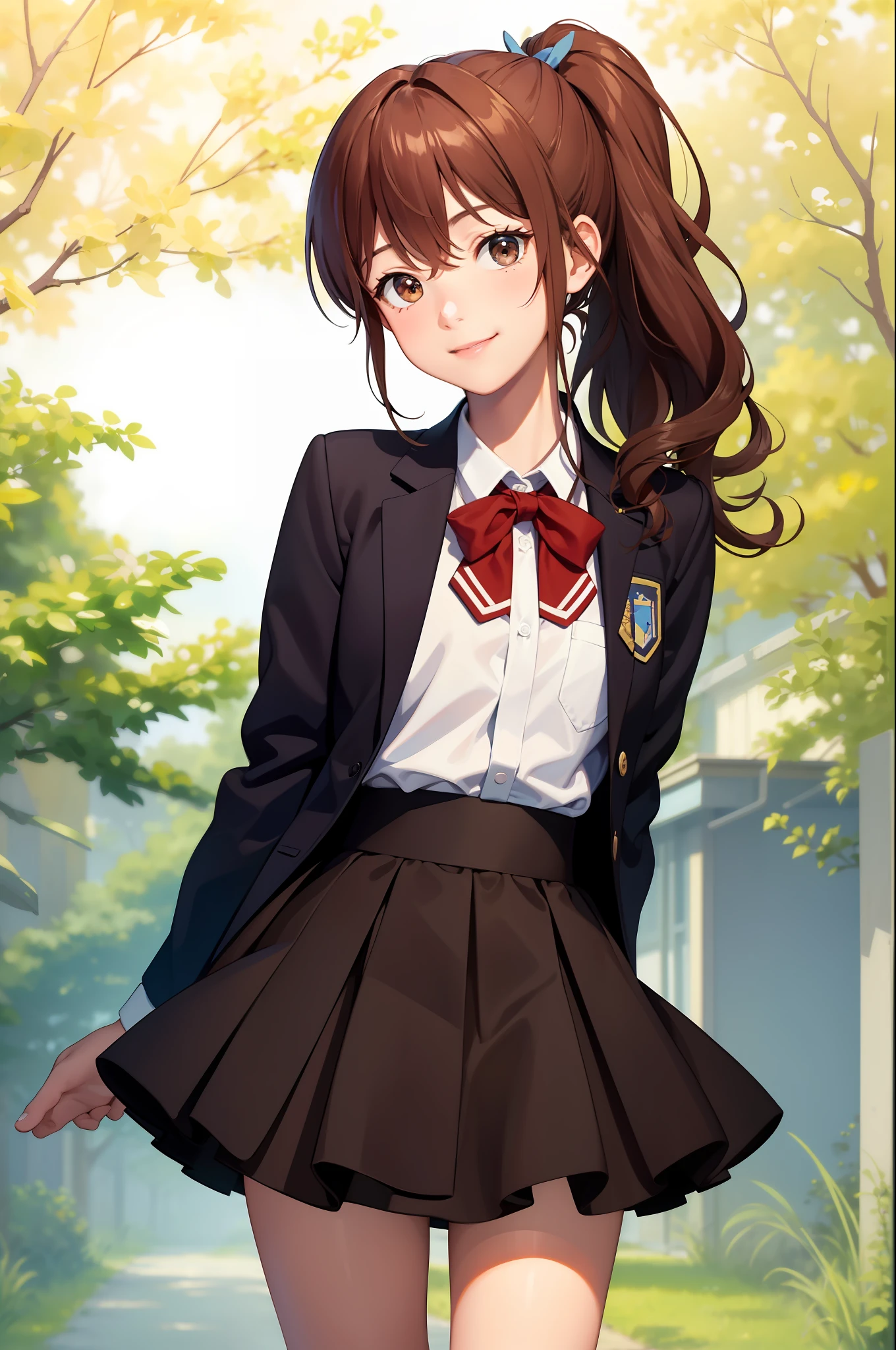 (masterpiece, best quality:1.2), cowboy shot, solo, 1girl, oc, smile, looking at viewer, arms behind back, brown hair, curly hair, ponytail, school uniform, jacket, skirt, kneehighs
