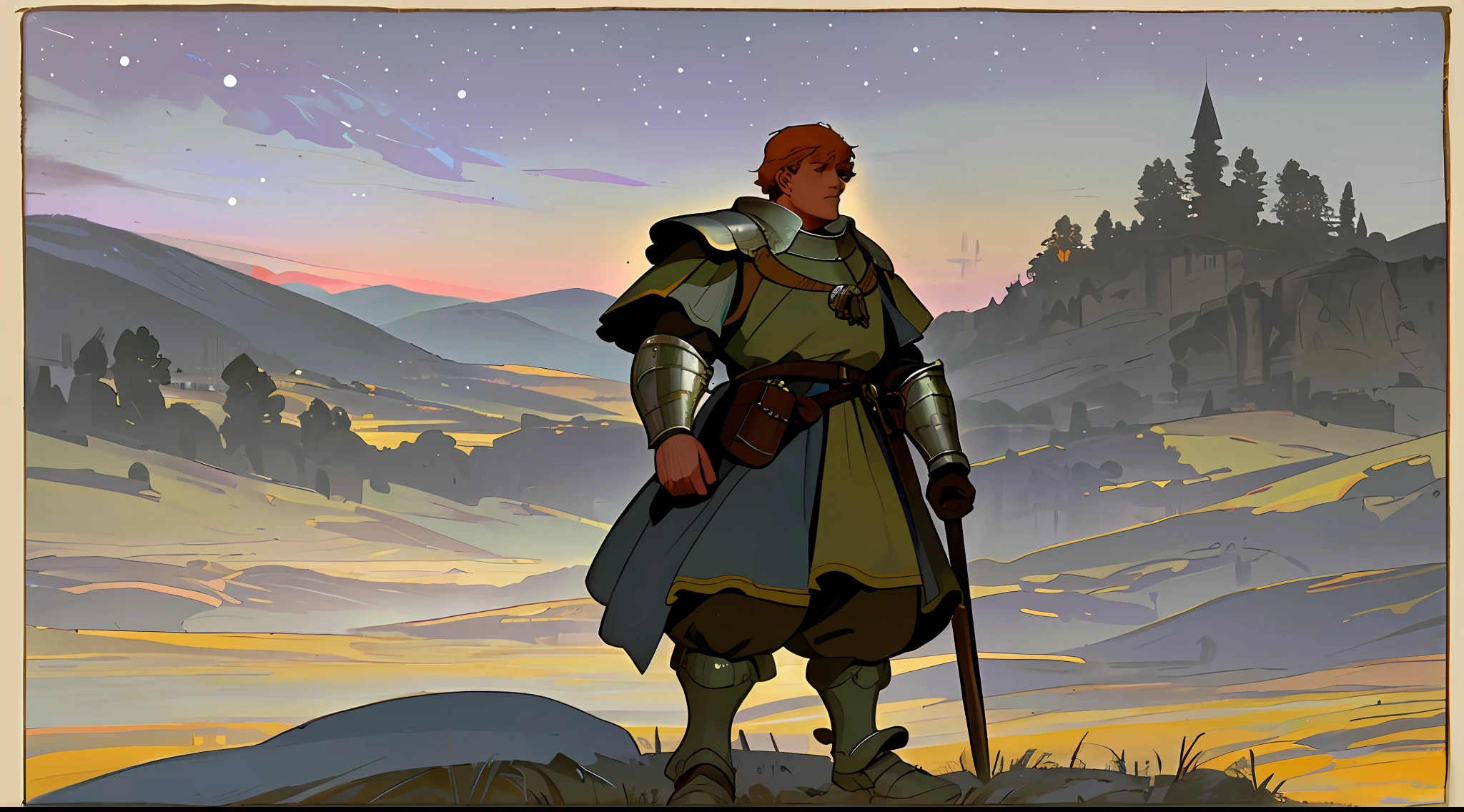 (masterpiece), (best quality), (best detail), (worn paper edges), (distant point of view),(full body),(main color of the illustration: pastel violet), (secondary color: pastel orange), vintage illustration of a medieval warrior with metal armor (bright and realistic),face (very detailed), with challenging posture, snowy mountains scene, dusk (sky with many stars), shading (detailed, much contrast), Highly saturated pulp colors