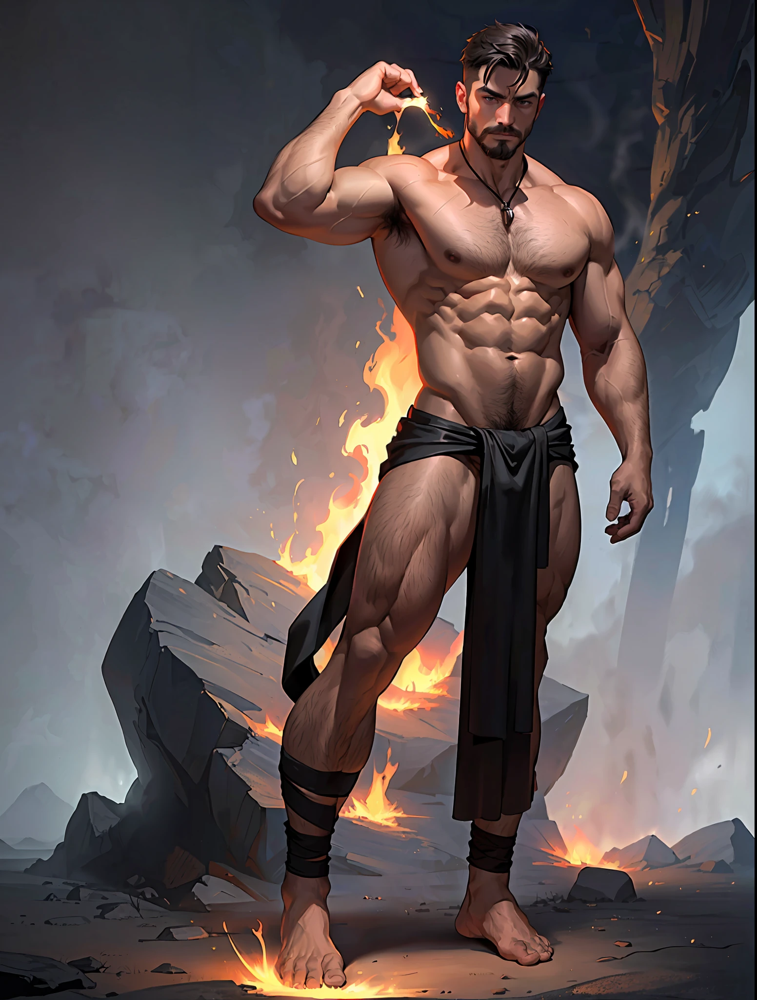 ((official art)), ((concept art)), 1man,The most attractive masculine hairy male, on fire, glowing heat, smoke, (extremely detailed 8k wallpaper),a medium shot photo of a fearful necromancer, glowing hot arms, firey hands, conguring fire, loincloth fabric burning off, intricate, high detail, dramatic, naked masculine 1man, dark short hair, muscular, reflection, cheraschoro, crotch bulge, mustache, (hairy body), small waist, broad shoulders, erotica, masculinity, strength, inside a cave, masculine pose, very small string loincloth, magic, (full body view:1.8),