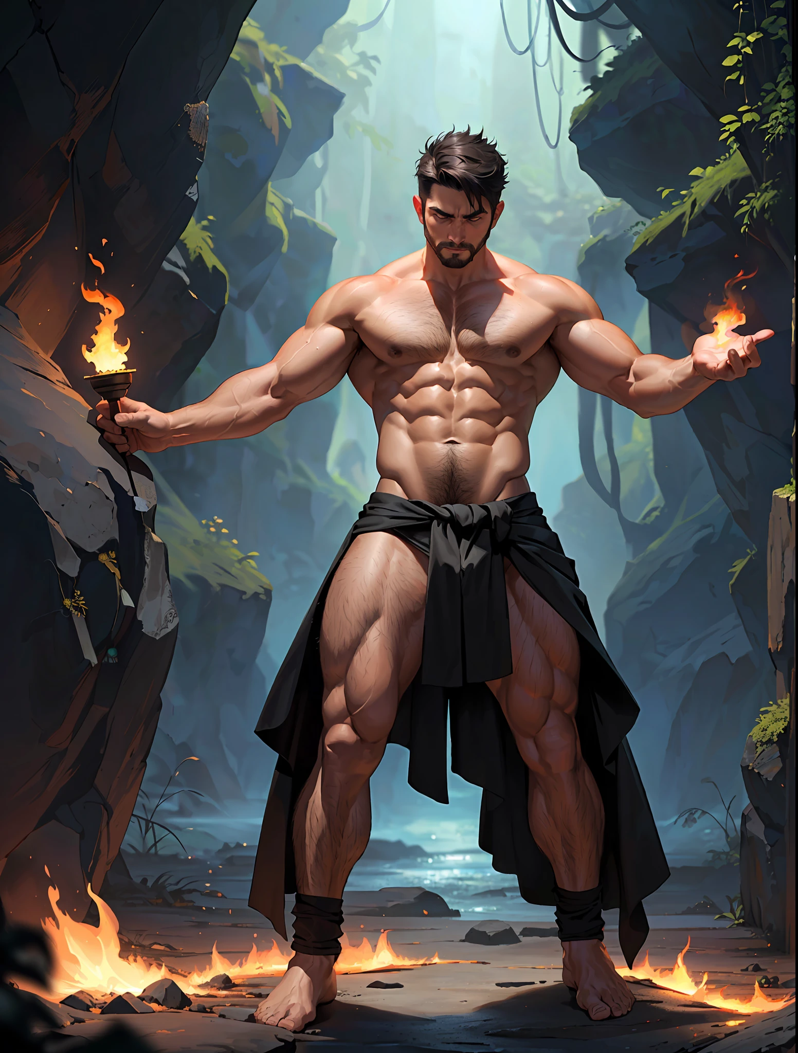 ((official art)), ((concept art)), 1man,The most attractive masculine hairy male, on fire, glowing heat, smoke, (extremely detailed 8k wallpaper),a medium shot photo of a fearful necromancer, glowing hot arms, firey hands, conguring fire, loincloth fabric burning off, intricate, high detail, dramatic, naked masculine 1man, dark short hair, muscular, reflection, cheraschoro, crotch bulge, mustache, (hairy body), small waist, broad shoulders, erotica, masculinity, strength, inside a cave, masculine pose, very small string loincloth, magic, (full body view:1.8),
