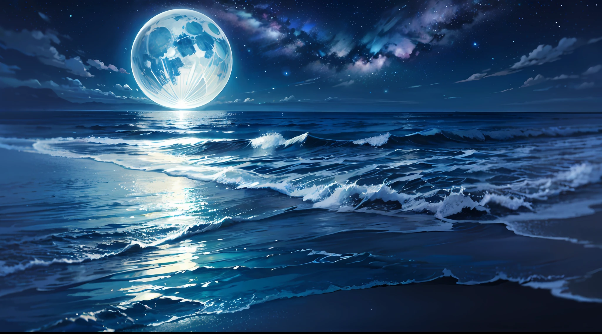 (best quality), stunning beach, crystal-clear water, nightfall, dark blue sea, moonlight, perfect reflections, soft shimmering waves, amazing realism, realistic lighting, breathtakingly beautiful night sky