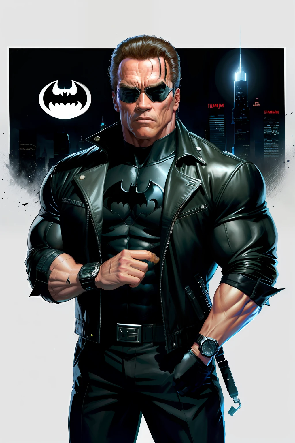 Arnold Schwarzenegger from the movie Terminator is the Batman of Gotham City who came from the future to save Bruce Wayne from his past, 64k,