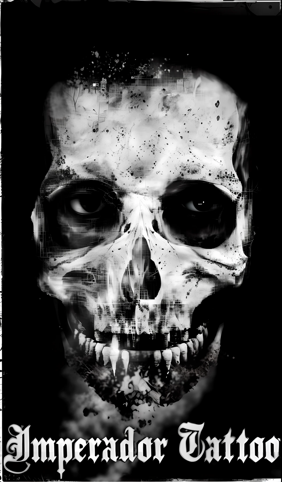 a black and white photo of a skull with the words imperator tattoo, skull face, macabre face horror, scary portrait, skeleton face symmetrical face, half skull face, skeleton face, decaying face, horror photography, ((skull)), white skeleton face, skull protingding from face, symmetrical face horror, undead facial features, zombie face Cinematic film of a divine goddess with orange curly hair and intricately detailed wings,  style, RAW photo, hyper-real photo, ultra-realistic uhd faces, 8k uhd, dslr, soft lighting, high quality, film grain, Fujifilm XT3, shot on a Canon EOS R5, 50mm lens, F/2.8, HDR, hyper-realistic, colorgraded, volumetric lighting, volumetric fog, wet, shallow depth of field, reflections, tiktok, instagram, modelshoot style, full body, ((ethereal)), (supernatural), black white_ouroborosburaco, event horizon,  atom, quarks, nucleus, hdr, hyperdetail, complex details, space, star, electron-nuclear plasma, white dwarf, neutron star, planetary nebula