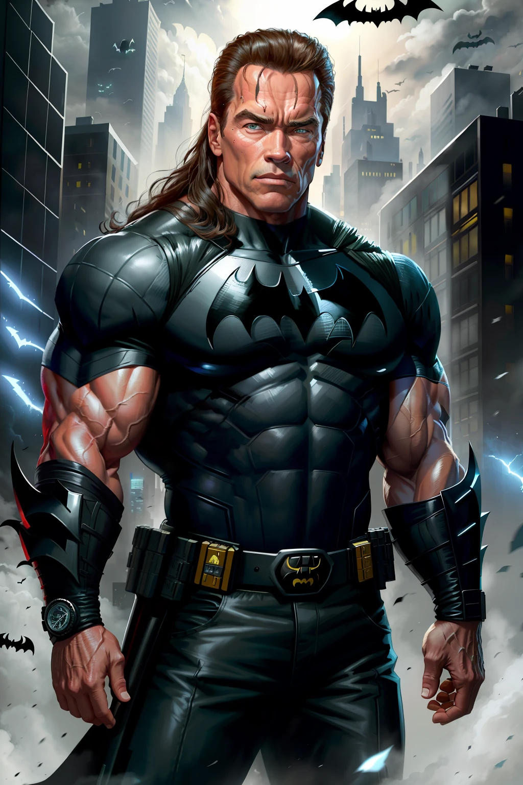 Arnold Schwarzenegger from the movie Terminator is the Batman of Gotham City who came from the future to save Bruce Wayne from his past, 64k,