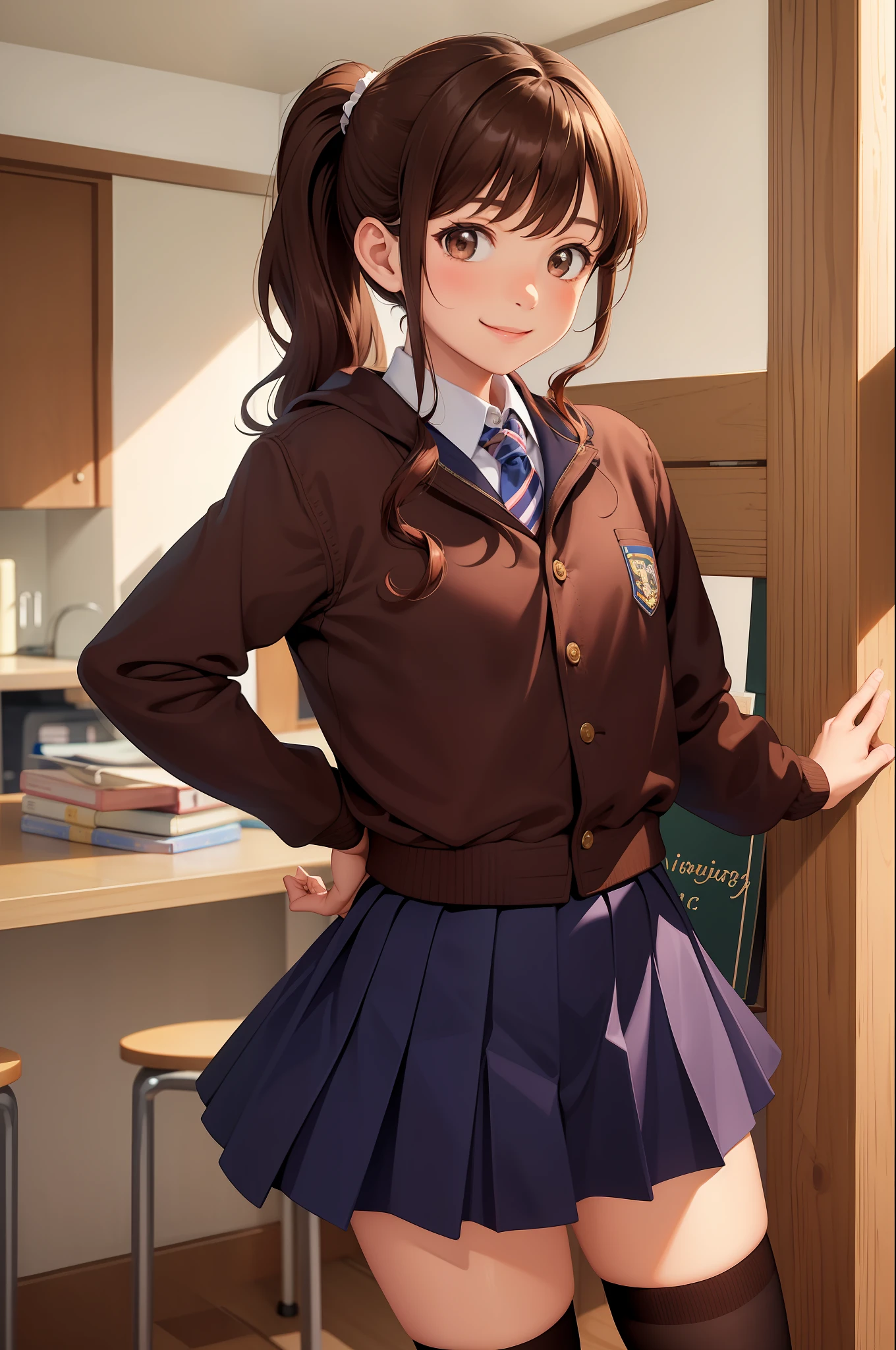 (masterpiece, best quality:1.2), cowboy shot, 7girls, ocs, sisters, smile, looking at viewer, arms behind back, brown hair, curly hair, ponytail, school uniform, jacket, skirt, kneehighs