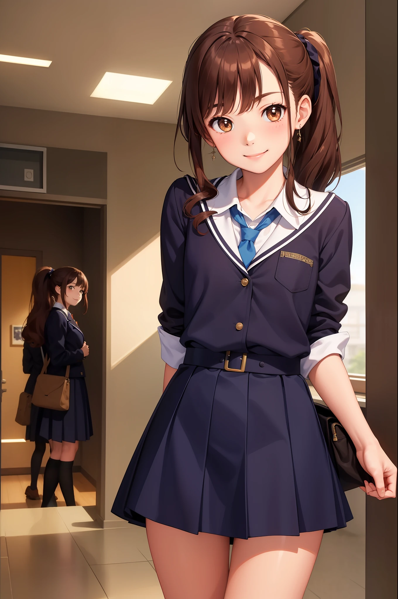 (masterpiece, best quality:1.2), cowboy shot, 7girls, ocs, sisters, smile, looking at viewer, arms behind back, brown hair, curly hair, ponytail, school uniform, jacket, skirt, kneehighs