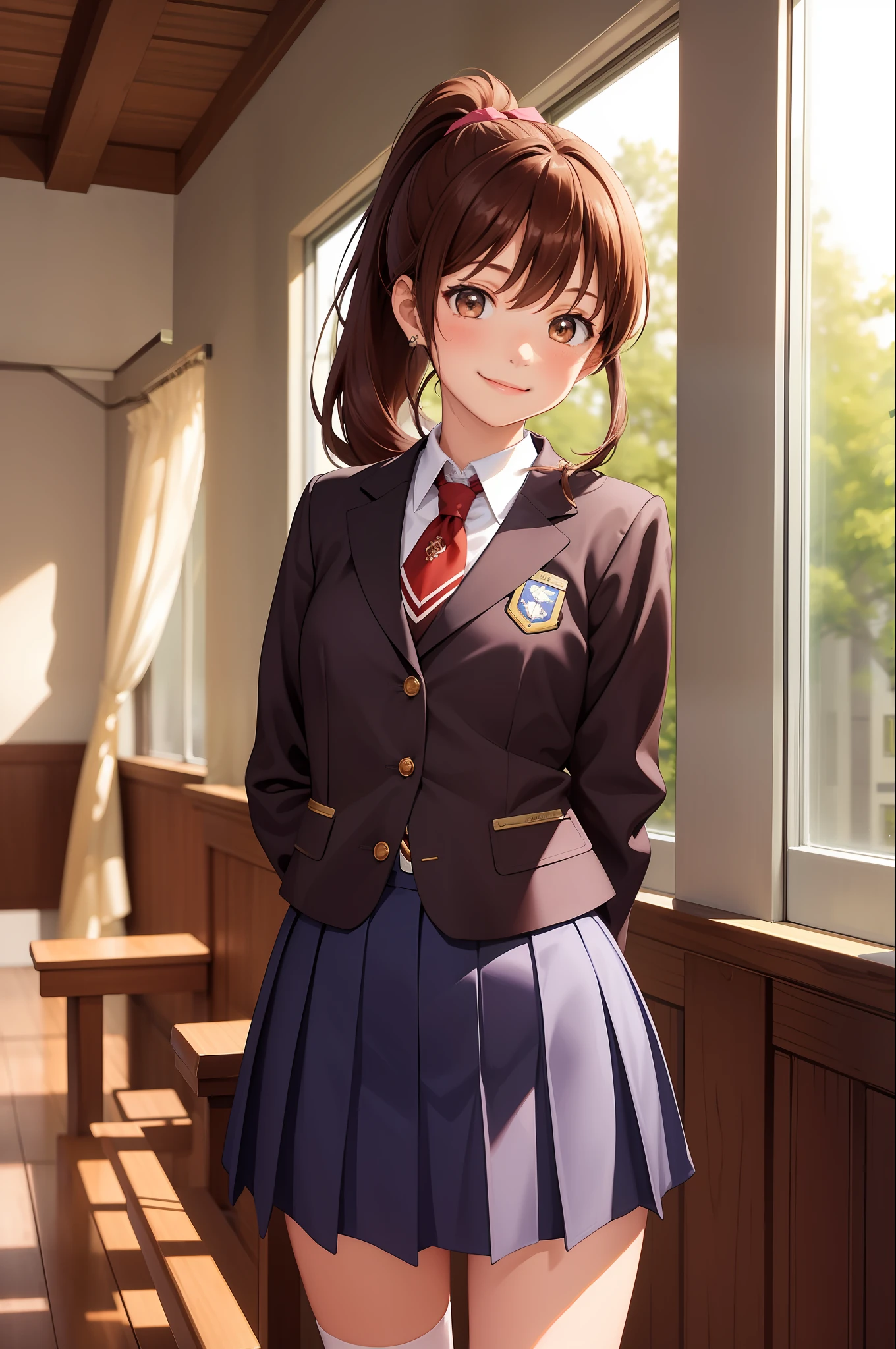 (masterpiece, best quality:1.2), cowboy shot, 7girls, ocs, sisters, smile, looking at viewer, arms behind back, brown hair, curly hair, ponytail, school uniform, jacket, skirt, kneehighs