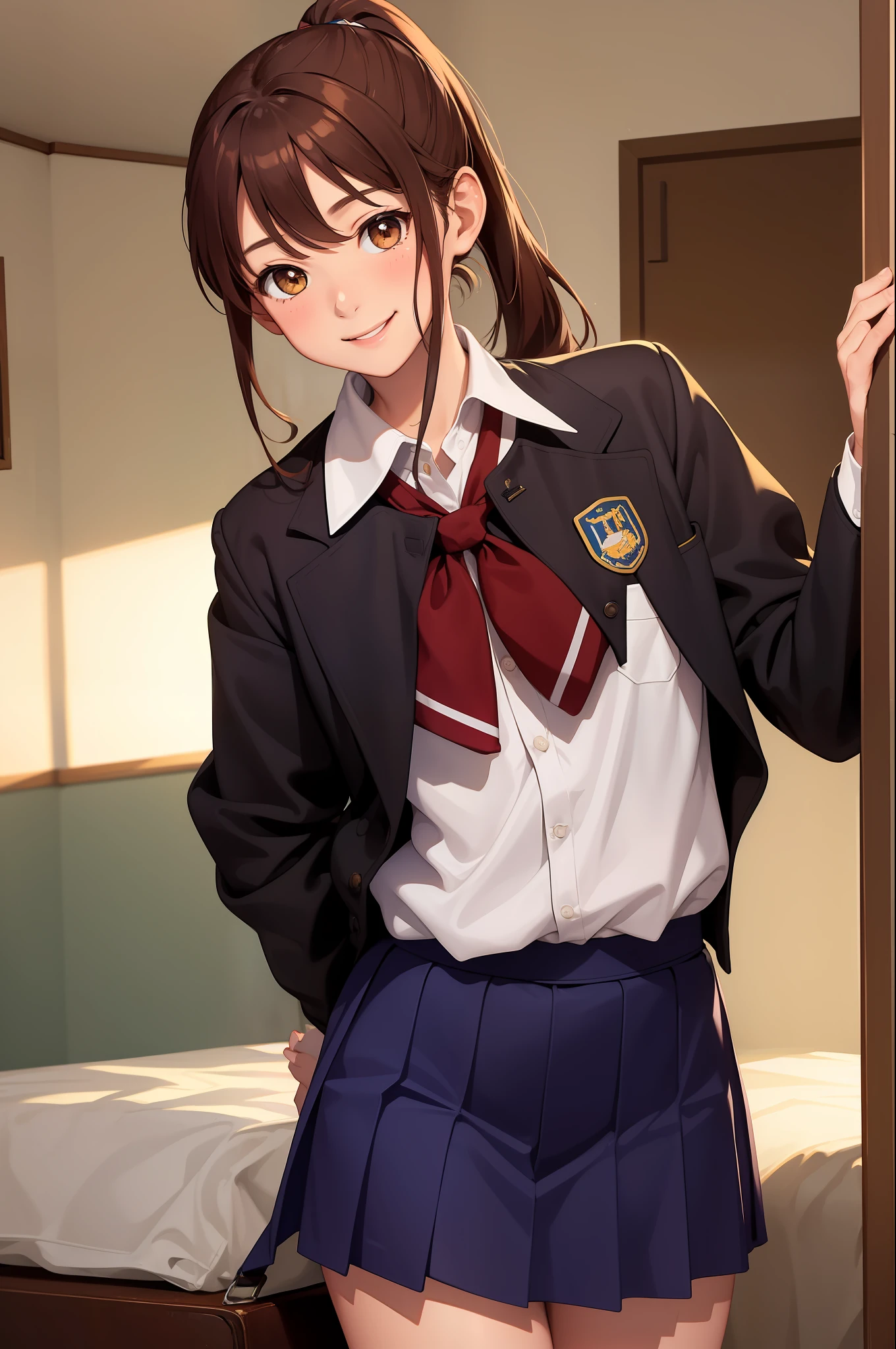(masterpiece, best quality:1.2), cowboy shot, 7girls, ocs, sisters, smile, looking at viewer, arms behind back, brown hair, curly hair, ponytail, school uniform, jacket, skirt, kneehighs