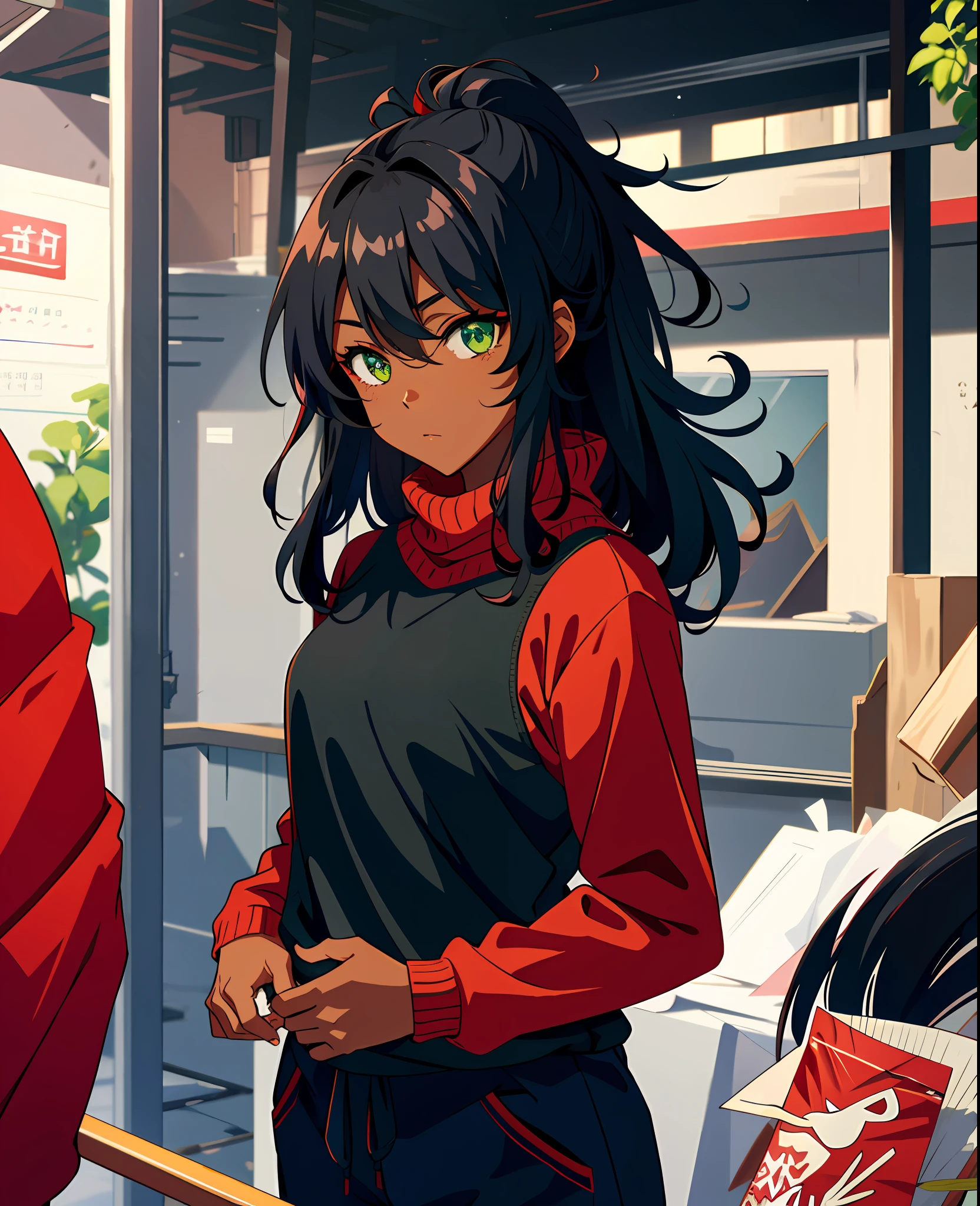 GIRL anime, medium black hair, curled, red sweater, green eyes, black sweatpants, dark skin