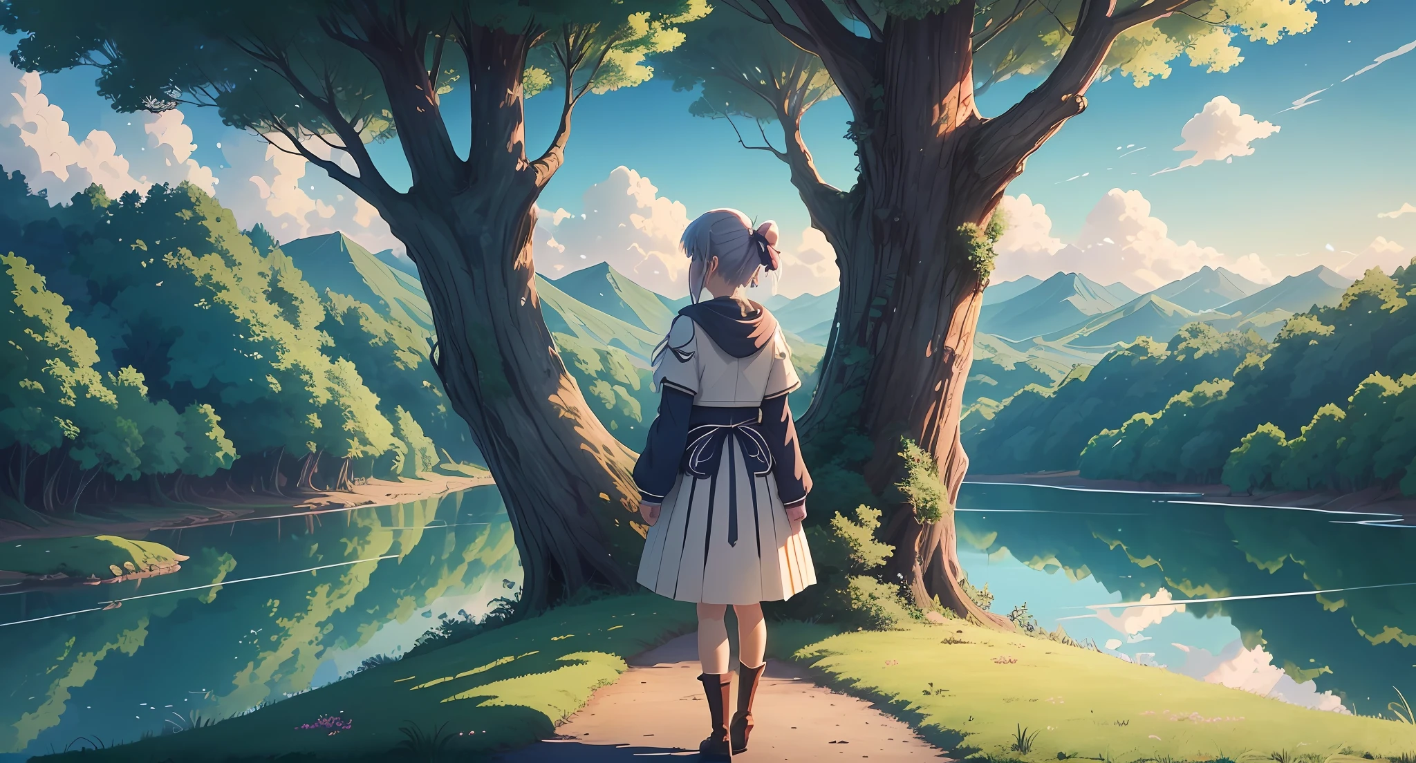 anime girl standing in front of a tree with a sky background, anime landscape, detailed scenery —width 672, scenery artwork, sky forest background, anime landscape wallpaper, anime nature, made of tree and fantasy valley, anime background, anime scenery, beautifull puffy clouds. anime, the tree is on top of a calm sea, anime clouds, anime background art