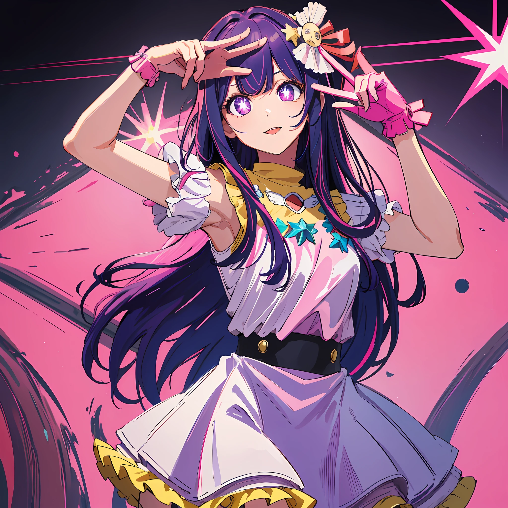 1girl, solo ,idol outfit, bangs, happy ,posing , multicolored hair, (masterpiece:1.2), highres, best quality, 8k, white background, purple hair, star eye pupils, pink eyes , mouth open