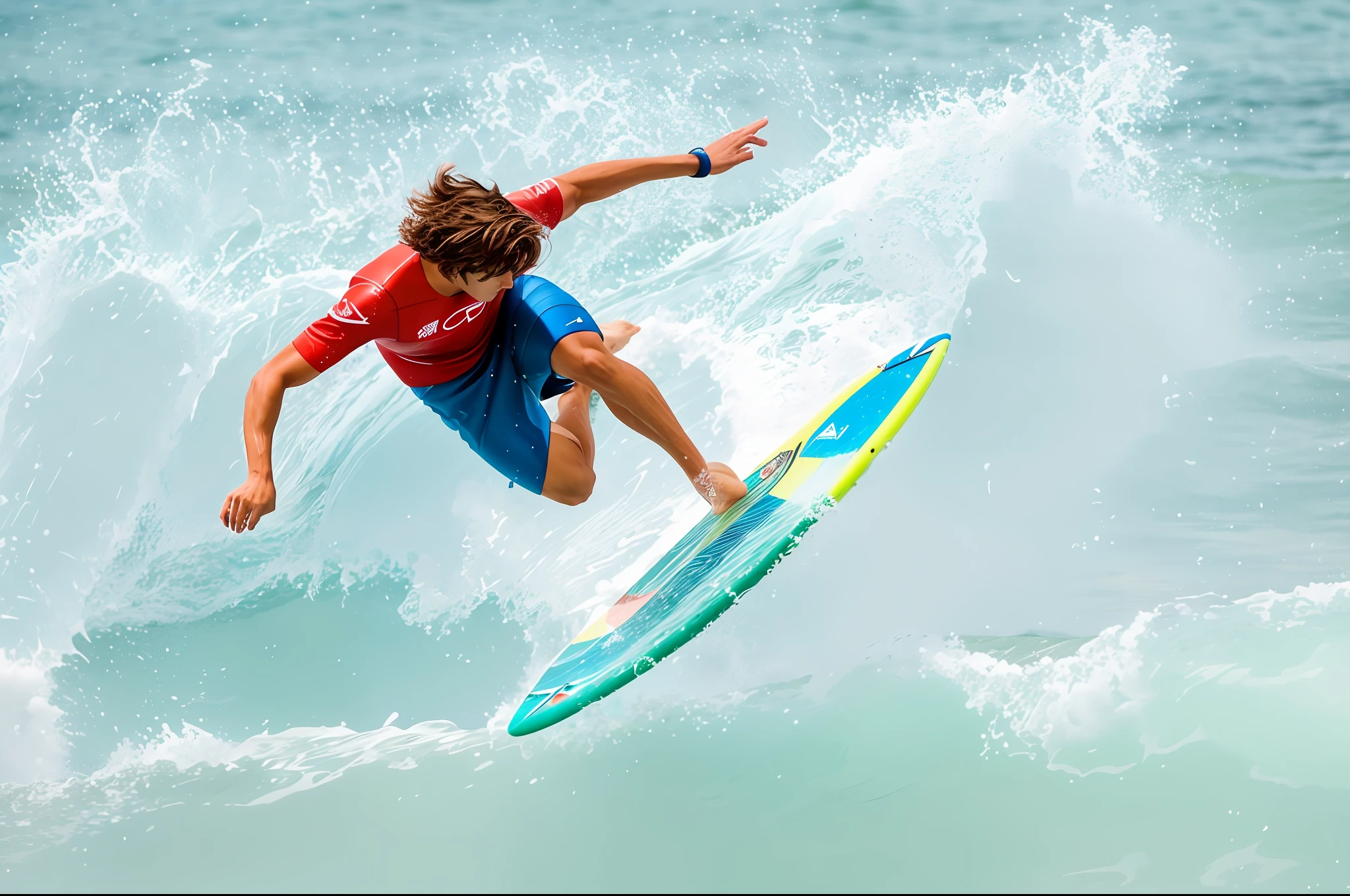 Skimboarder in red and blue wetsuit riding a wave on a blue surfboard, surfing, surf photography, action sports photography, action sports, surfing a barrel wave, Wipe out, surfing, profile picture, full length, stunning visual, Instagram post, Kai Carpenter, exceptional detail, cool look, Conor Walton, standing on surfboards,  Diego Fernandez, Instagram photo