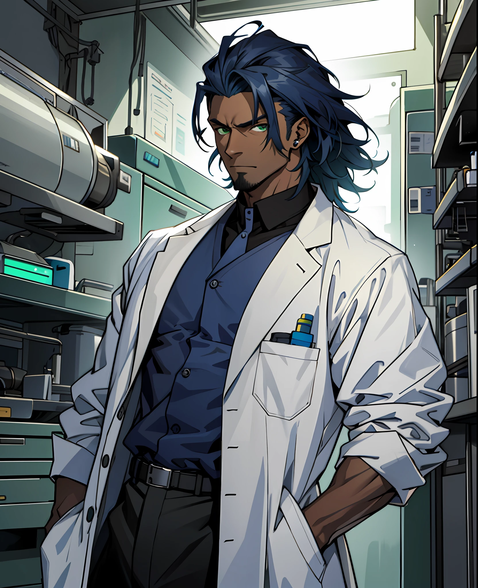 "Dark-skinned man, long dark blue hair, piercing green eyes, wearing a doctor's lab coat, tall and imposing, in an environment lit with striking shadows."