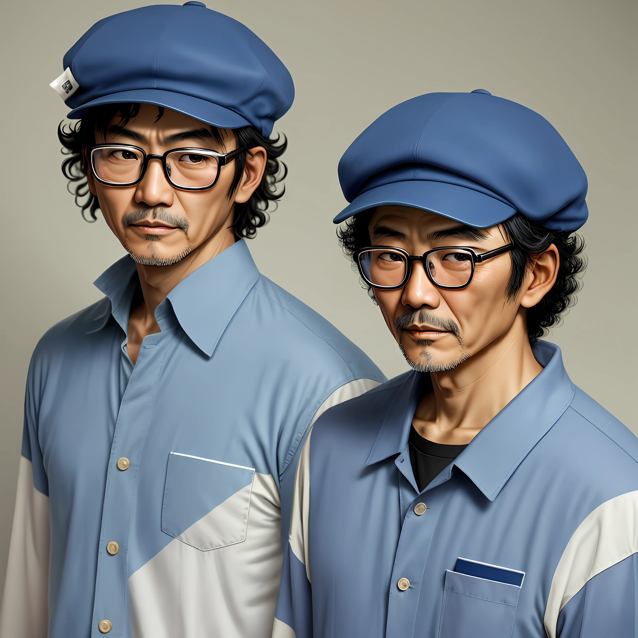 Kazuyoshi Yamamoto Glasses Natural Perm Blue Cap Stubble Middle Aged