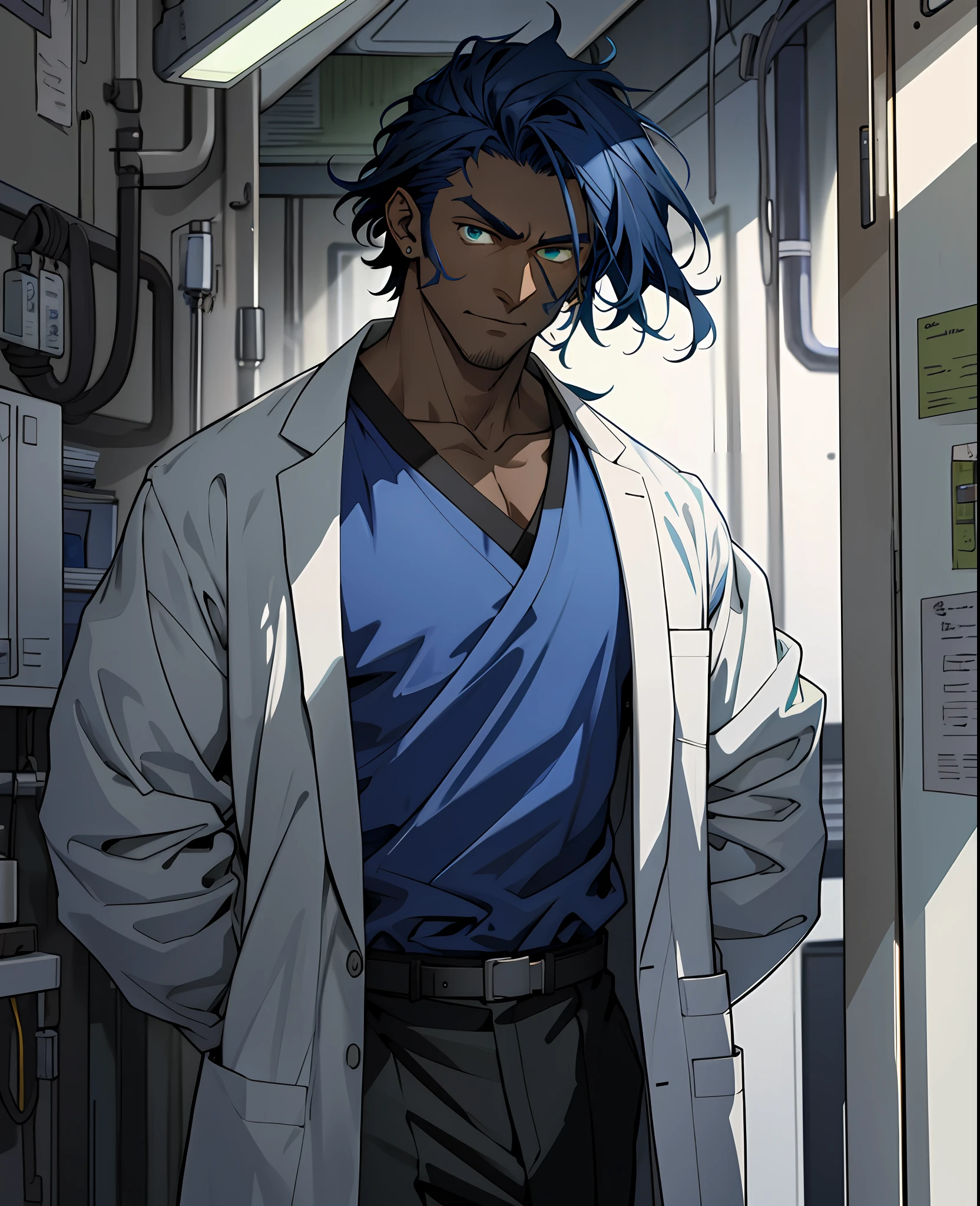"Dark-skinned man, long dark blue hair, piercing green eyes, wearing a doctor's lab coat, tall and imposing, in an environment lit with striking shadows."