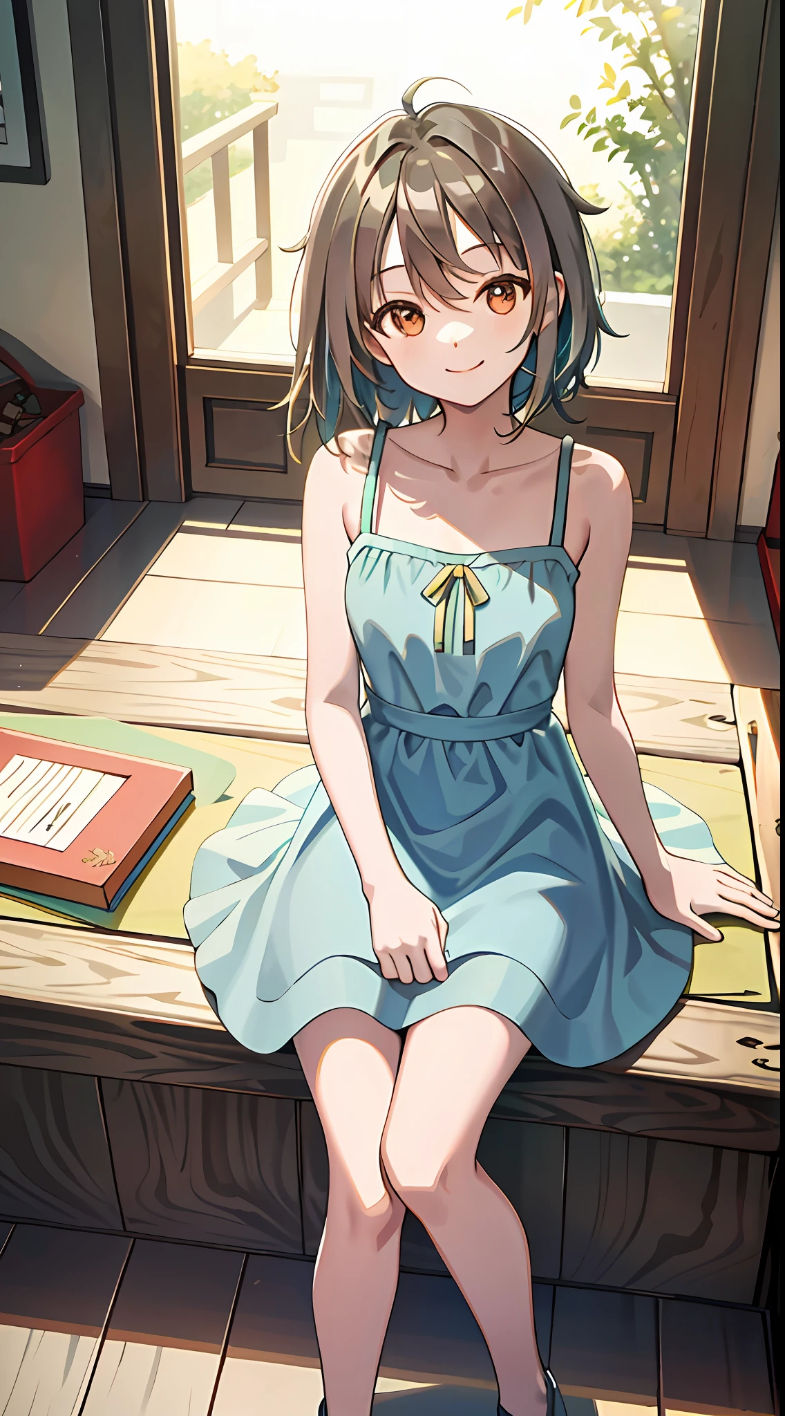 (masterpiece), best quality, [Yua Serufu], sundress, 1girl, sitting, indoor background, smiling, looking at viewer