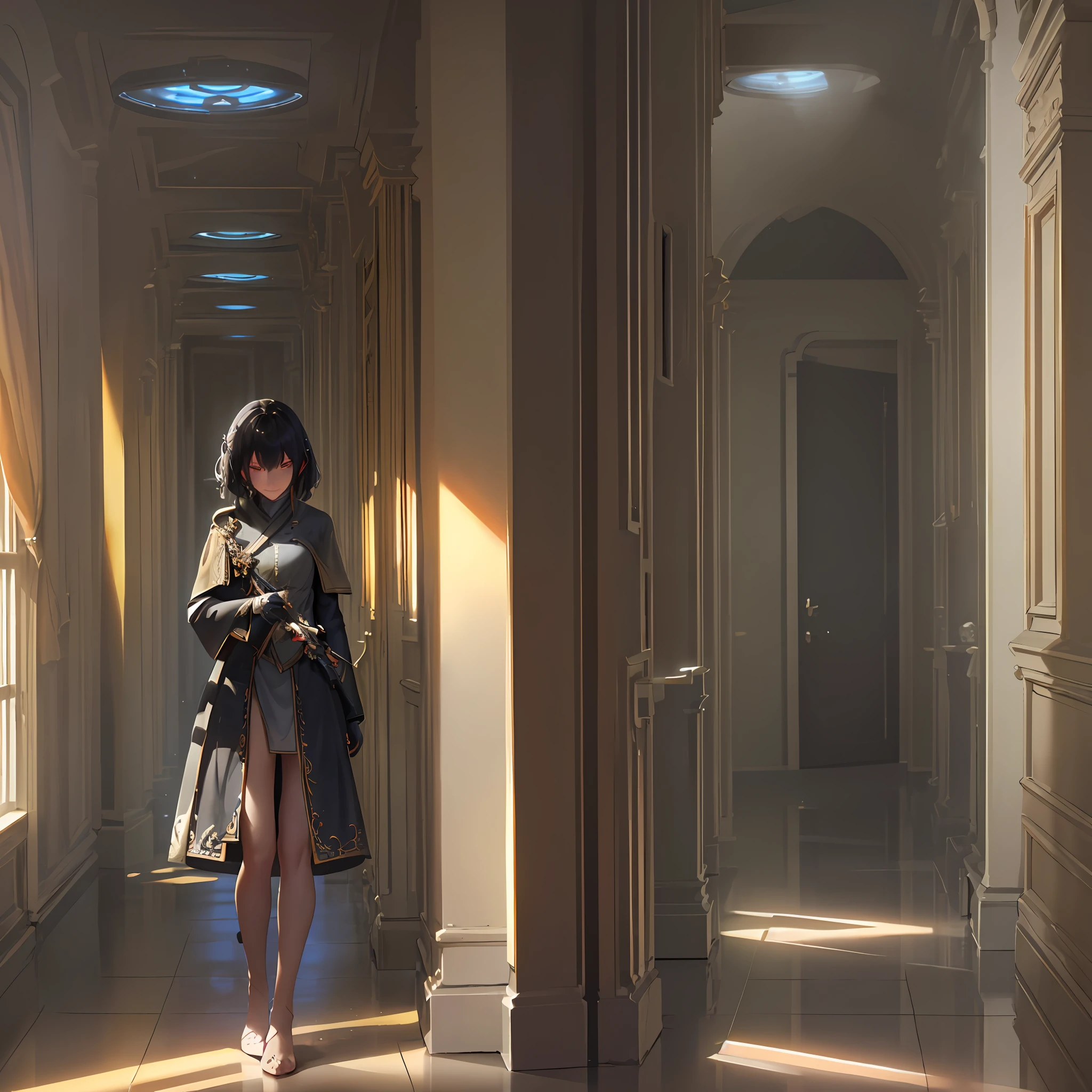 professional cinematic photo of a girl wandering in a hall, smiling, detailed face, ultimate shadow depth, ultra shadow-light contrast, volumetric shadowing, maximalism, best geometry, best image depth, volumetric, best lighting, best shadows, intricate shadows, best ambient occlusion, best textures, best detail, intricate details, insane details, RTX, Path tracing, busy setting, global shadow coverage, luminism, bioluminescence, shadow light, god rays, warm colors, high contrast, high focus, warm ambient shadows, best Form shadows, best Shadow receiving bounced light, best Core shadows, best Cast shadows, best Occlusion shadows, intricate shadow-light play,