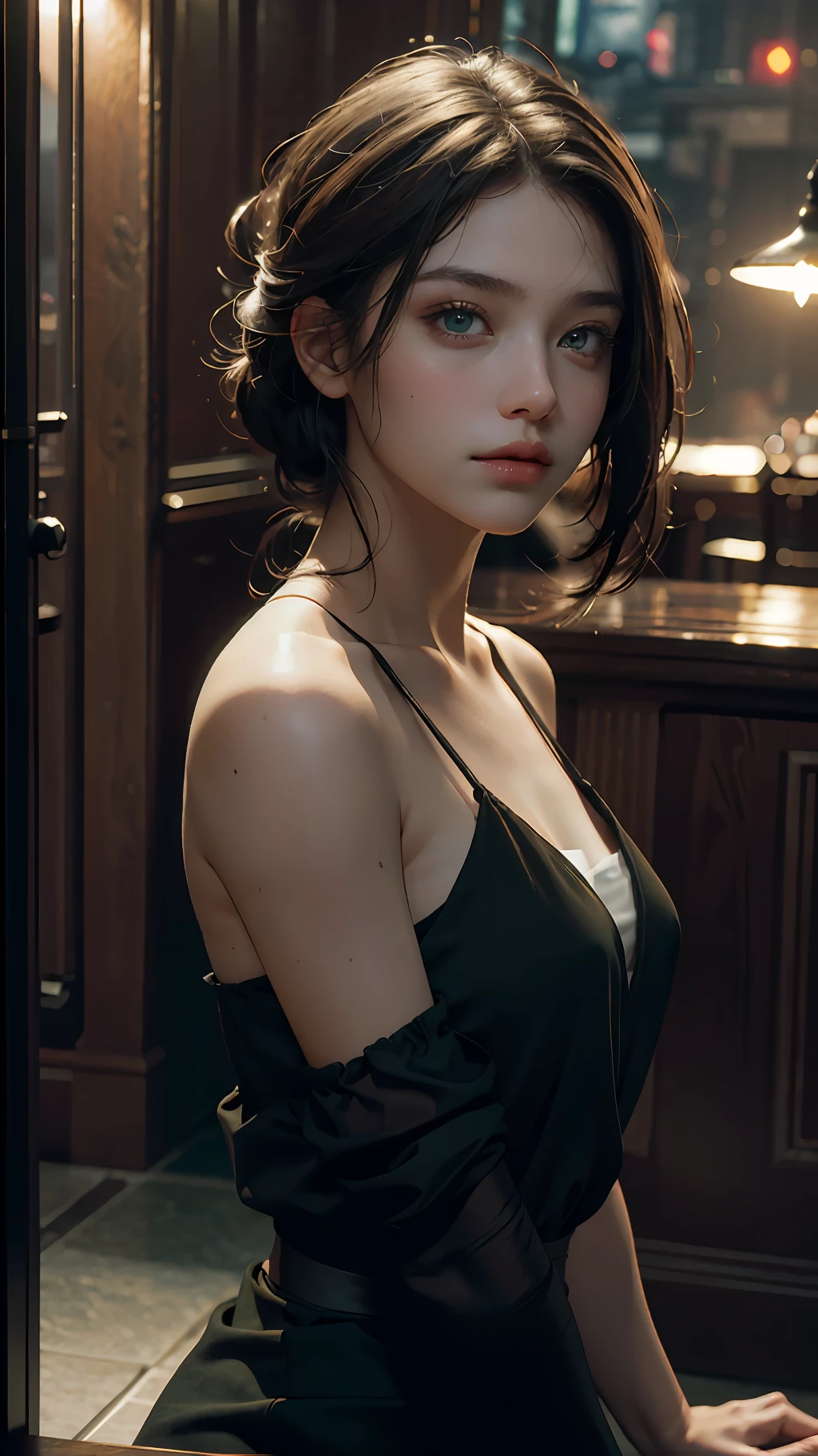 Best Quality, Masterpiece, Ultra High Resolution, (Realisticity: 1.4), Original Photo, 1Girl, Green Eyes, Off-the-Shoulders, Cinematic Lighting