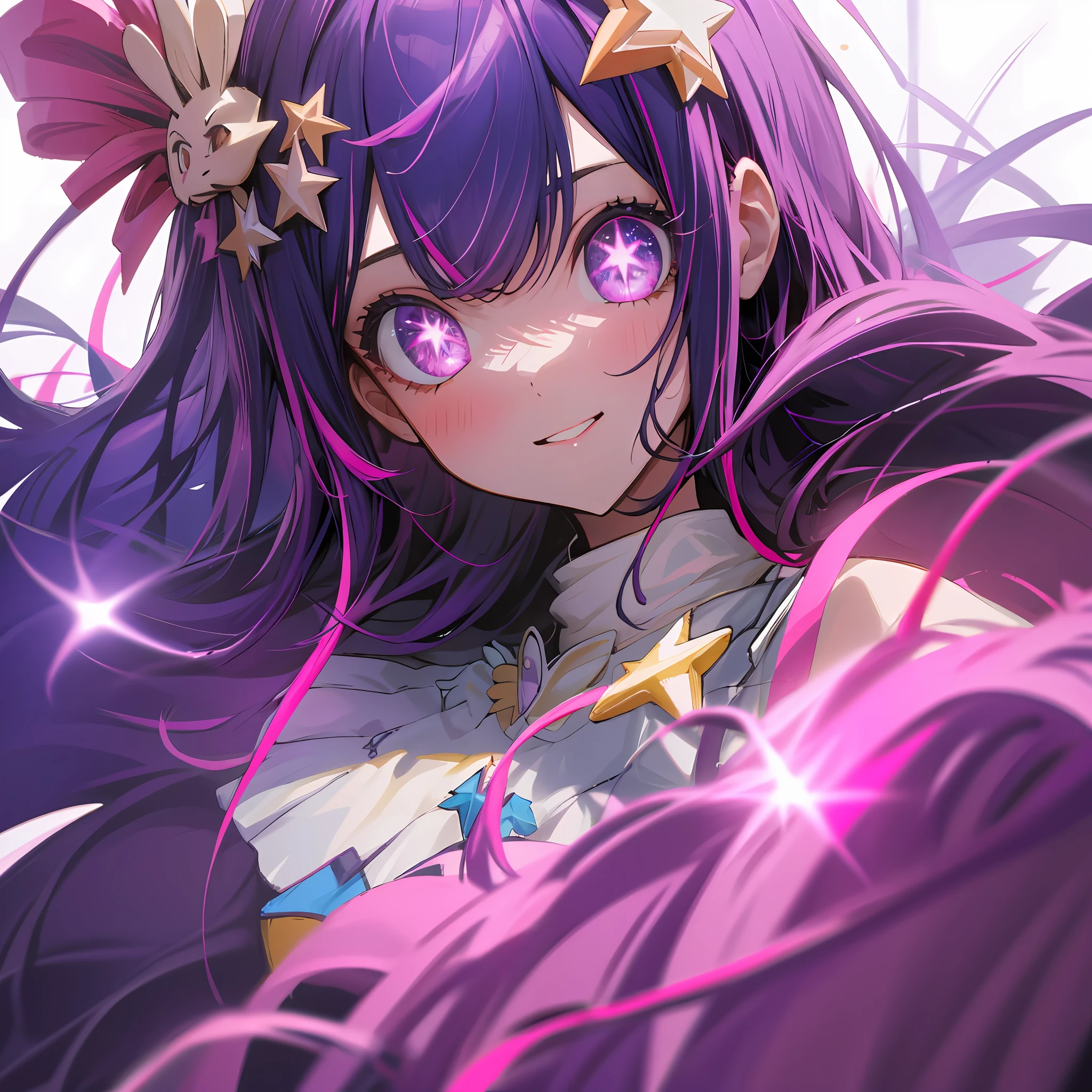 1girl, solo ,idol outfit, bangs, happy ,posing , multicolored hair, (masterpiece:1.2), highres, best quality, 8k, white background, purple hair, star eye pupils, pink eyes , mouth open