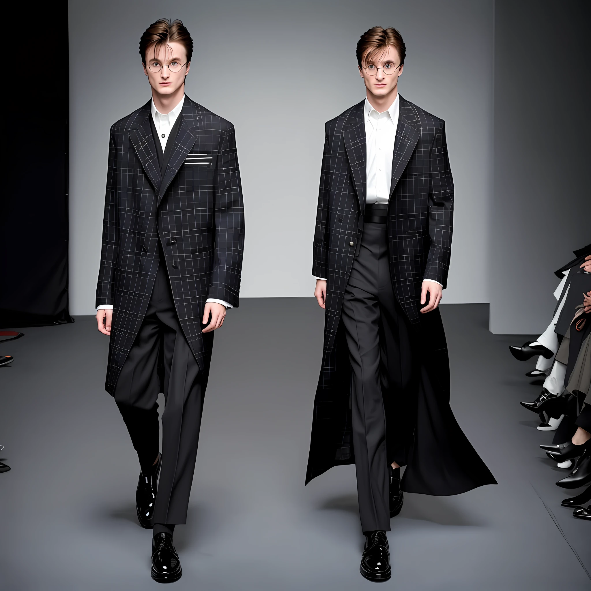 /imagine prompt: "1990 screenshot of male model Harry Potter wearing a sleek Balenciaga 'Obsidian' blazer with black and white plaid pattern, in a fashion movie scene, Balenciaga commercial --air 3:2 --v 5'.", hyper realism, hyperrealistic, realistic, photorealistism