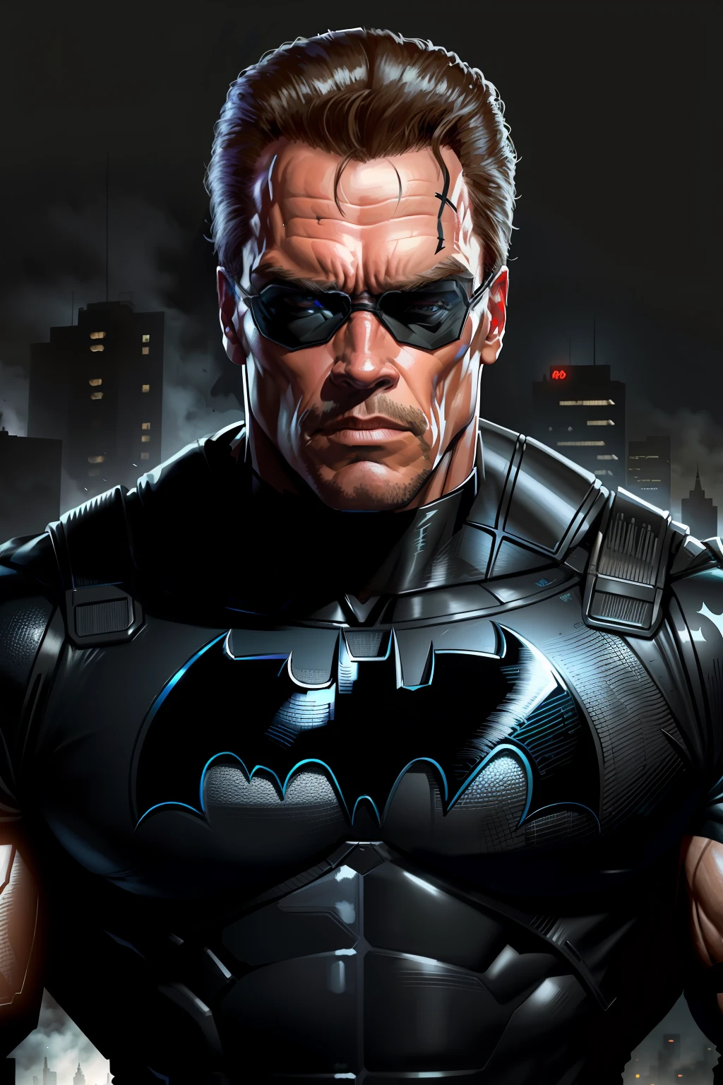 Arnold Schwarzenegger from the movie Terminator is the Batman of Gotham City who came from the future to save Bruce Wayne from his past, Realistic, detailed, ultra resolution, high definition, Dark illumination, action, great lighting, great definition and strokes, 64k,