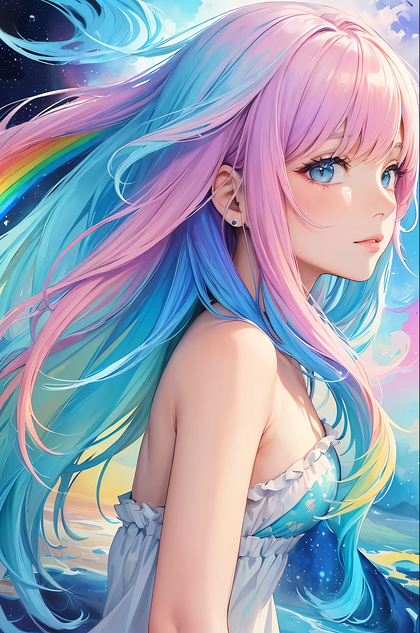 (masterpiece, top quality, best quality,watercolor (medium),official art, beautiful and aesthetic:1.2),(1girl:1.3), (fractal art:1.3),upper body, from side, looking at viewer,patterns,(rainbow color Hair,colorful hair,half blue and half pink hair:1.2),water,liquid, cloud,colorful, starry,stars,