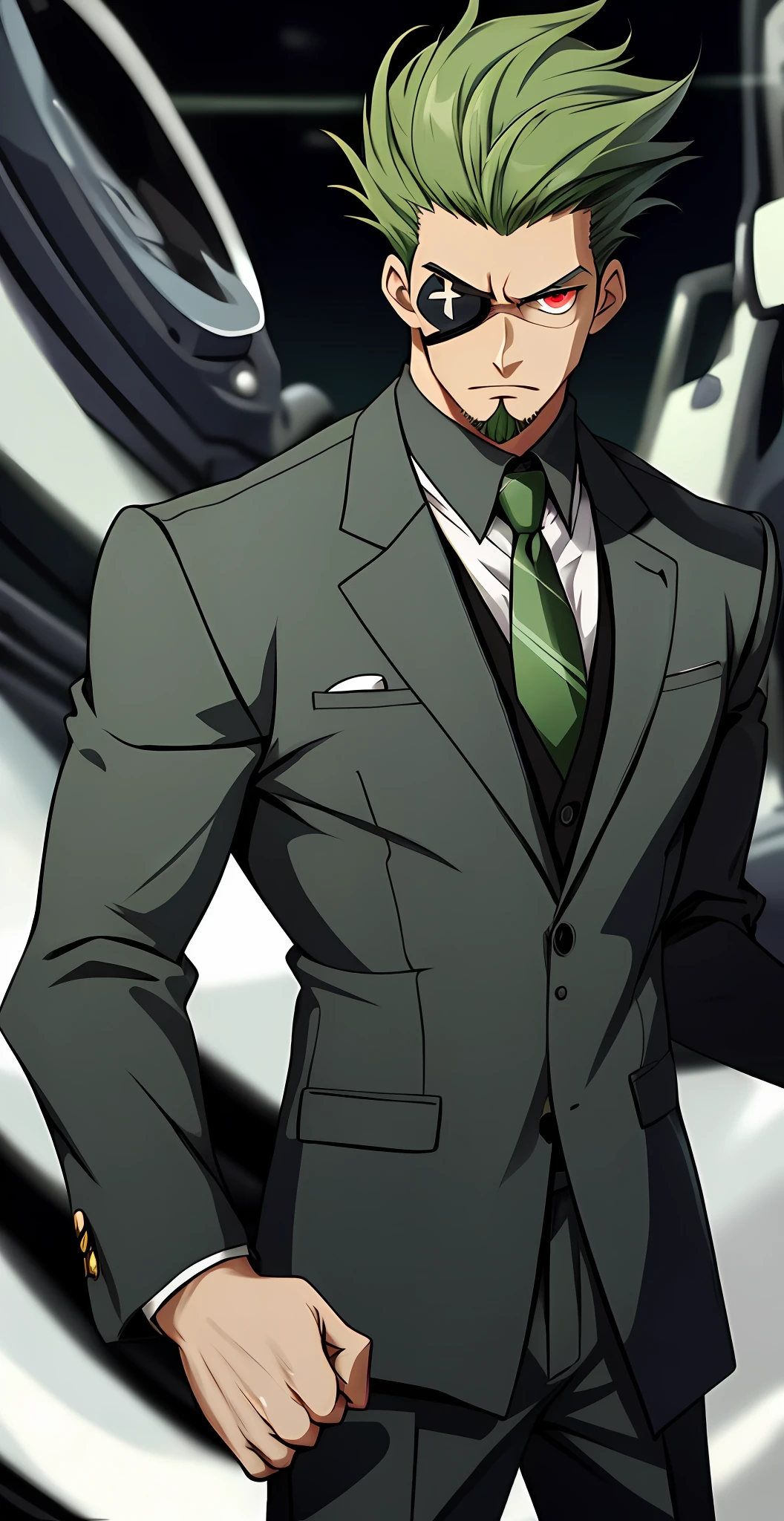 ((anime style)) A male version with eye patch, of adult physical, uniformed humanoid Plankton, from the cartoon show SpongeBob SquarePants. The character is seen wearing a black suit with a tie with a dark green navy stripe in the middle. He has large, expressive eyes and the proportions of his body are exaggerated. Their arms are long and lanky, and their fingers are slender and pointed. He finds himself in a shoddy office, while showing a pensive, evil face and wrinkled face and dark green hair with gray touches and goatee and (red-eyed pupils)
