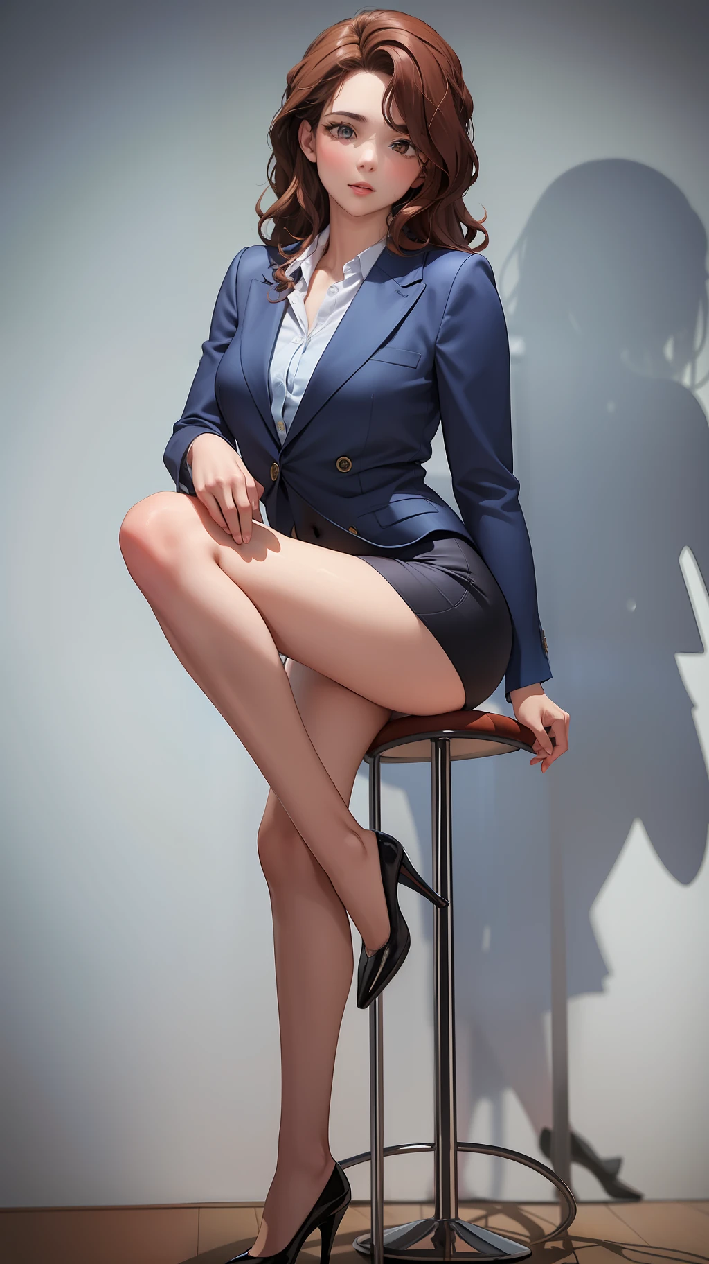 Woman, brown hair, wavy hair, hazel eyes, extremely detailed, dark blue blazer, white blouse, dark blue knee length pencil skirt, exposed legs, black high heels, full body shot