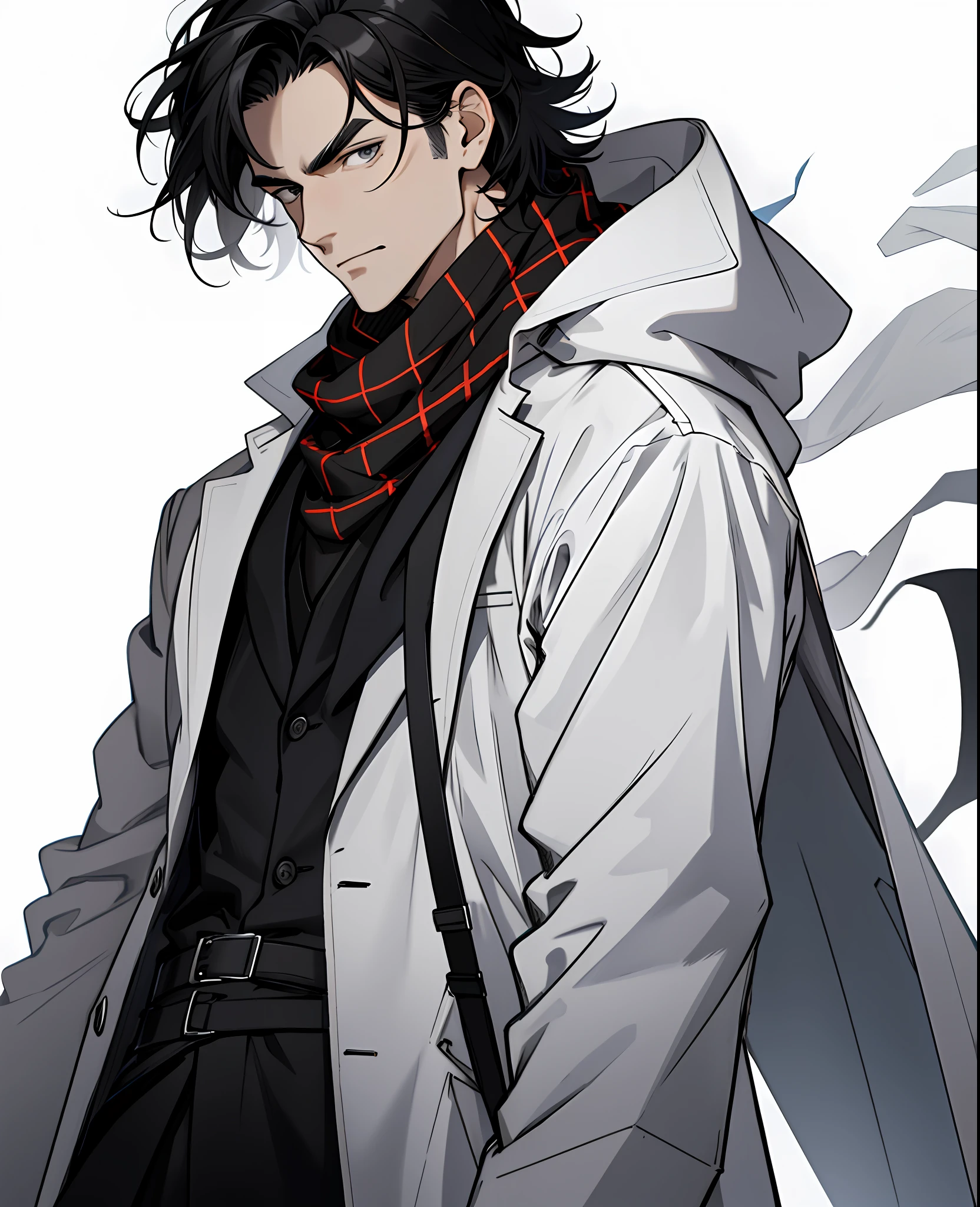 White-skinned man, young face without beard, black hair, well-drawn eyebrow, serene look of amber color, wearing an open black overcoat, white T-shirt underneath the lab coat, wearing a plaid gray scarf,