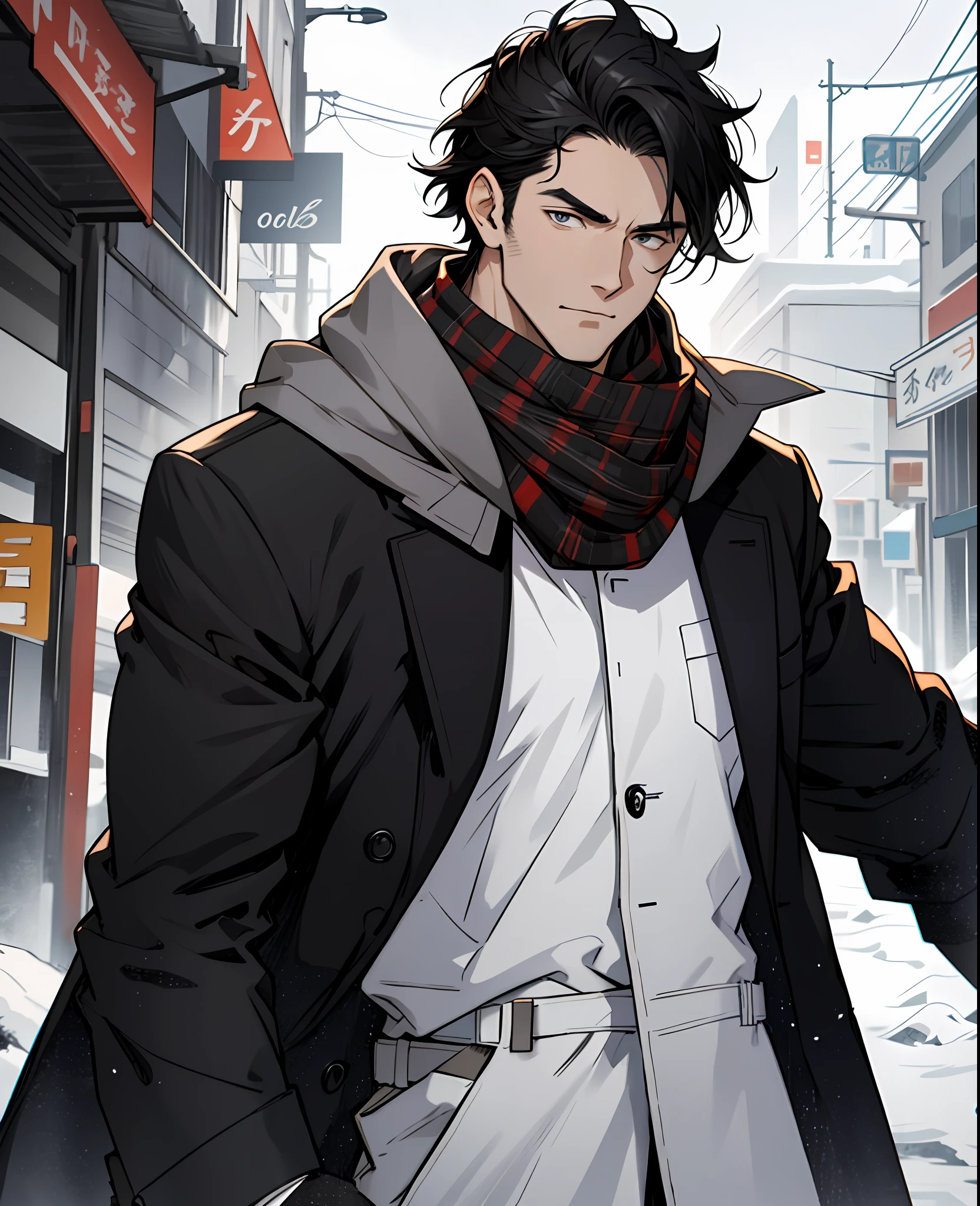 White-skinned man, young face without beard, black hair, well-drawn eyebrow, serene look of amber color, wearing a black overcoat, white T-shirt underneath, wearing a plaid gray scarf,