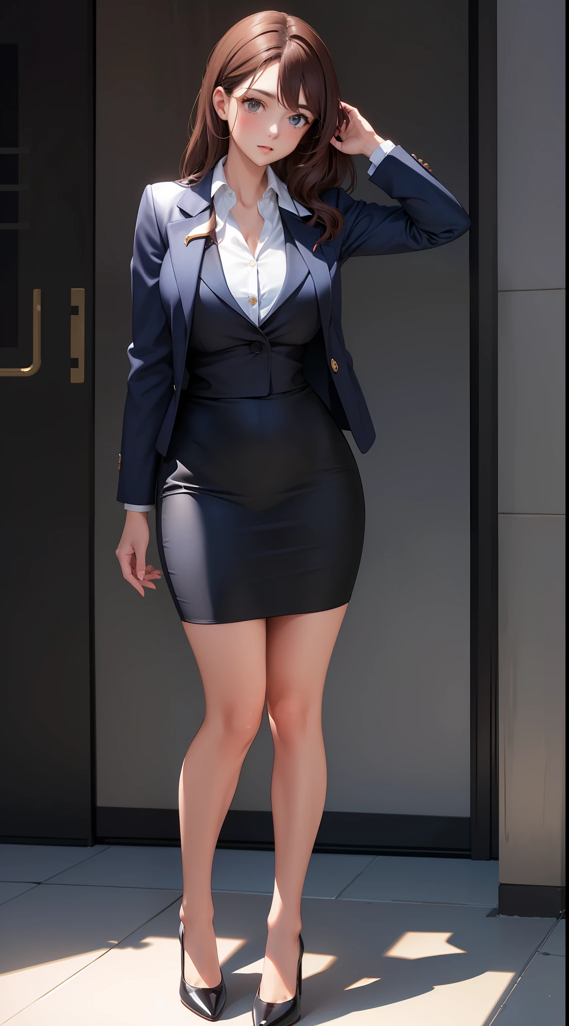 Woman, brown hair, wavy hair, hazel eyes, extremely detailed, dark blue blazer, white blouse, dark blue knee length pencil skirt, exposed legs, black high heels, full body shot