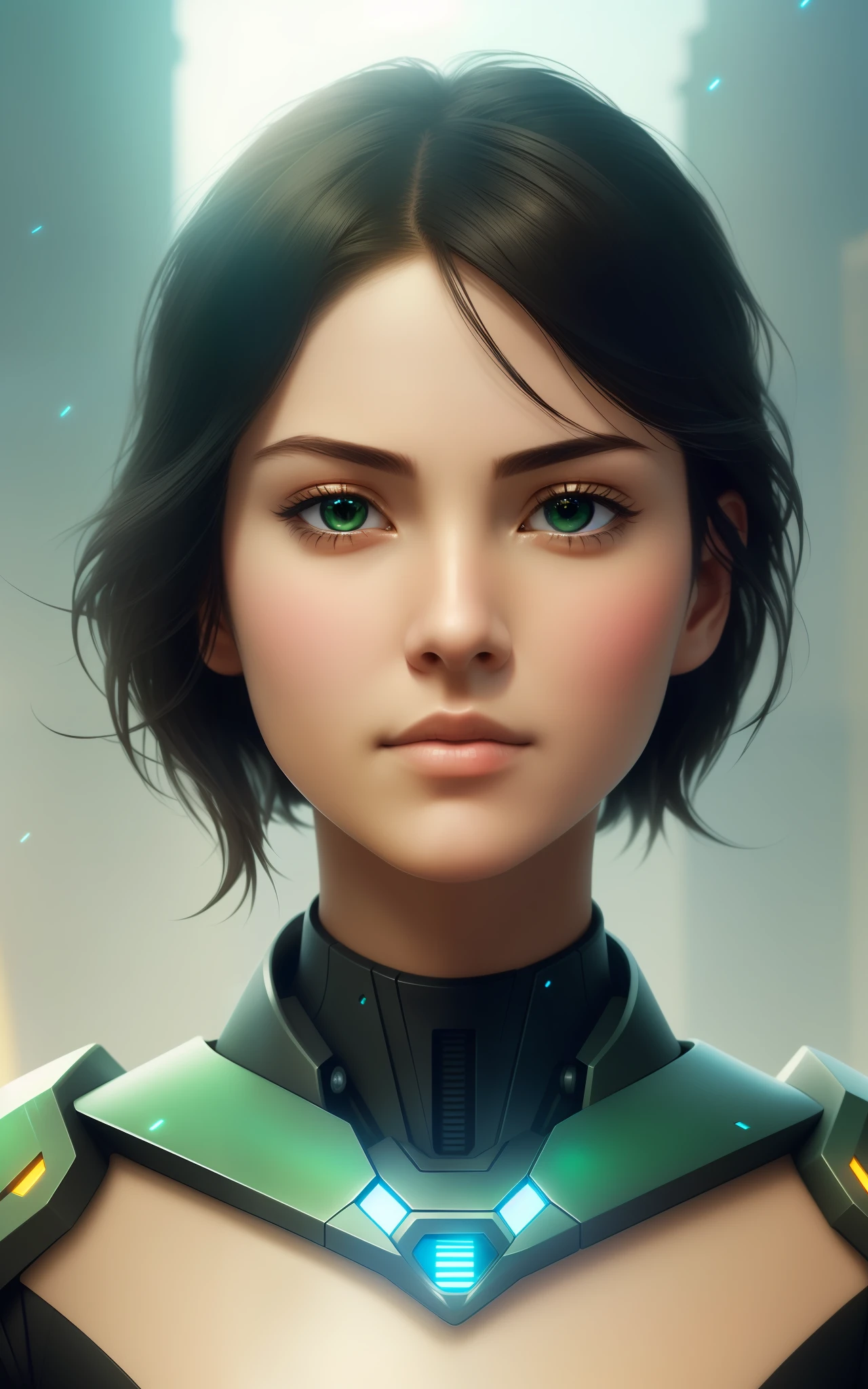 masterpiece, best quality, film, official art, sand colors, natural colors propaganda art, movie wallpaper, highly detailed cg unified 4k wallpaper, intricate details, white background, upper body, face focus, concept art, production art, (, high resolution, (realistic, photorealistic:1.2), physics-based rendering, machine, reflection, realistic, cyberpunk, Symmetrical front view close-up Eye-symmetry in a headshot Face Very sharp focus Realistic award-winning matte drawing Movie Light 1 boy, mecha, (illustration: 1.1), slim, fair-skinned, delicate face, kingrove, glow, tights, (long black hair), green eyes, battlefield, chip, sparkle, sword