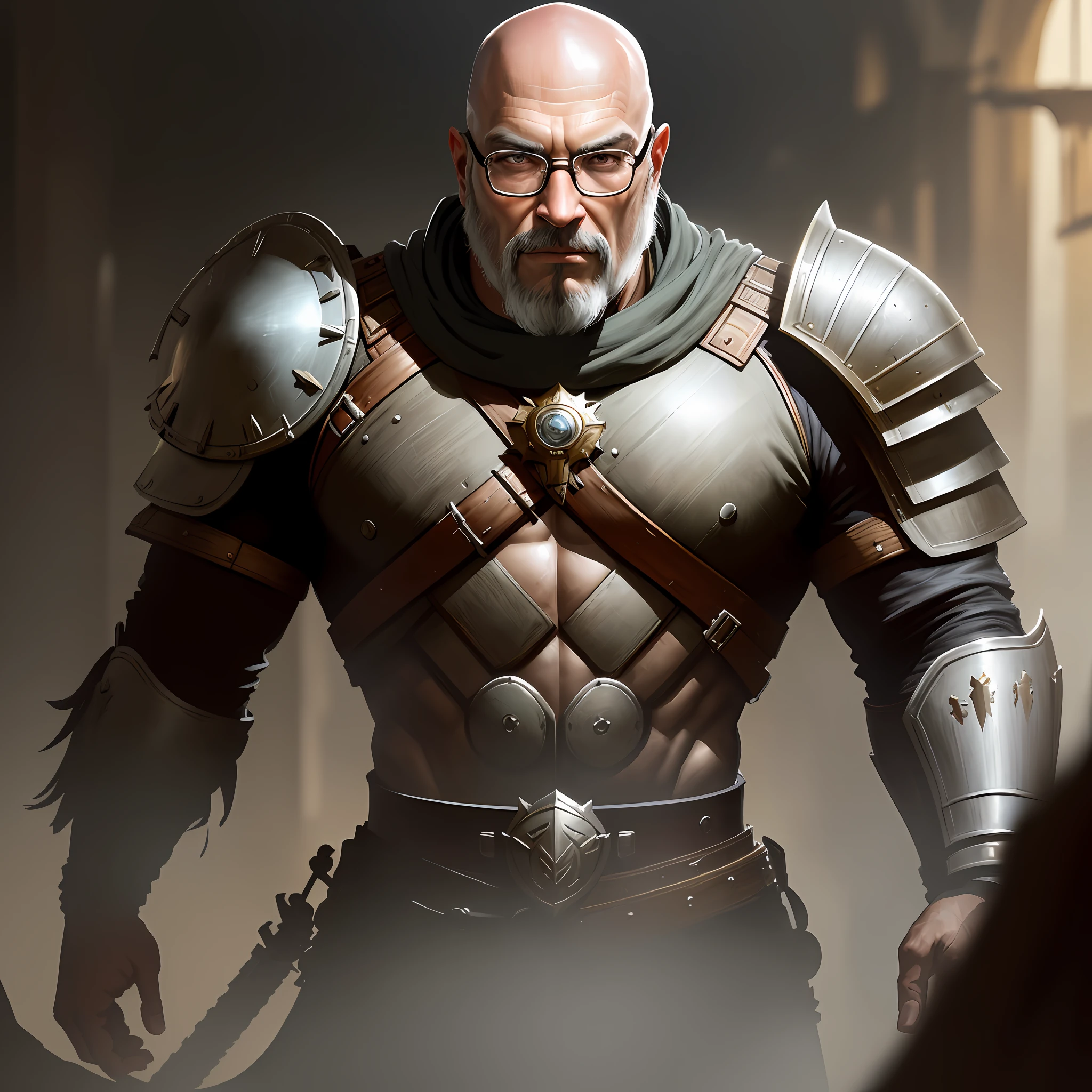 There is a man with glasses, Brazilian, 57 years old, bald with goatee, (best quality, masterpiece: 1.2), photorealistic, (ambient light: 1.3), (film composition: 1.2), 8k, hdr, ultra high resstyle modelshoot, (extremely detailed CG 8k wallpaper), body photo of the most beautiful artwork in the world, medieval armor, body portrait, Nimrod the first king of Babylon, hunter, barbarian, macho man, majestic professional oil painting by Ed Blinkey, Atey Ghailan, Studio Ghibli by Jeremy Mann, Greg Manchess, Antonio Moro, trend at ArtStation, trend at CGSociety, Intricate, High Detail, Sharp Focus, dramatic and photorealistic painting art by Midjourney and Greg Rutkowski