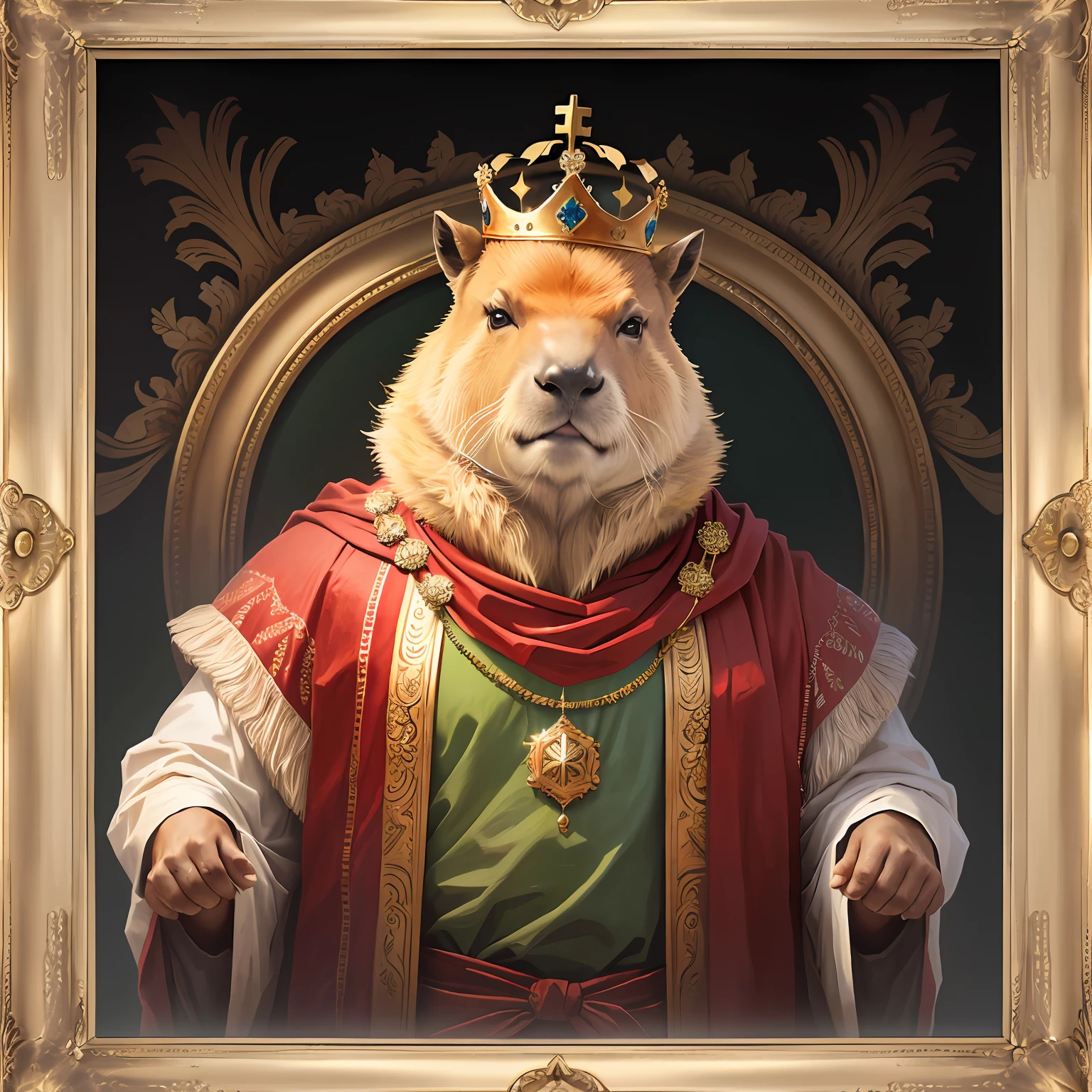 an oil portrait frame of a capybara with a crown on his head, wearing a majestic clothes and a classic simple background