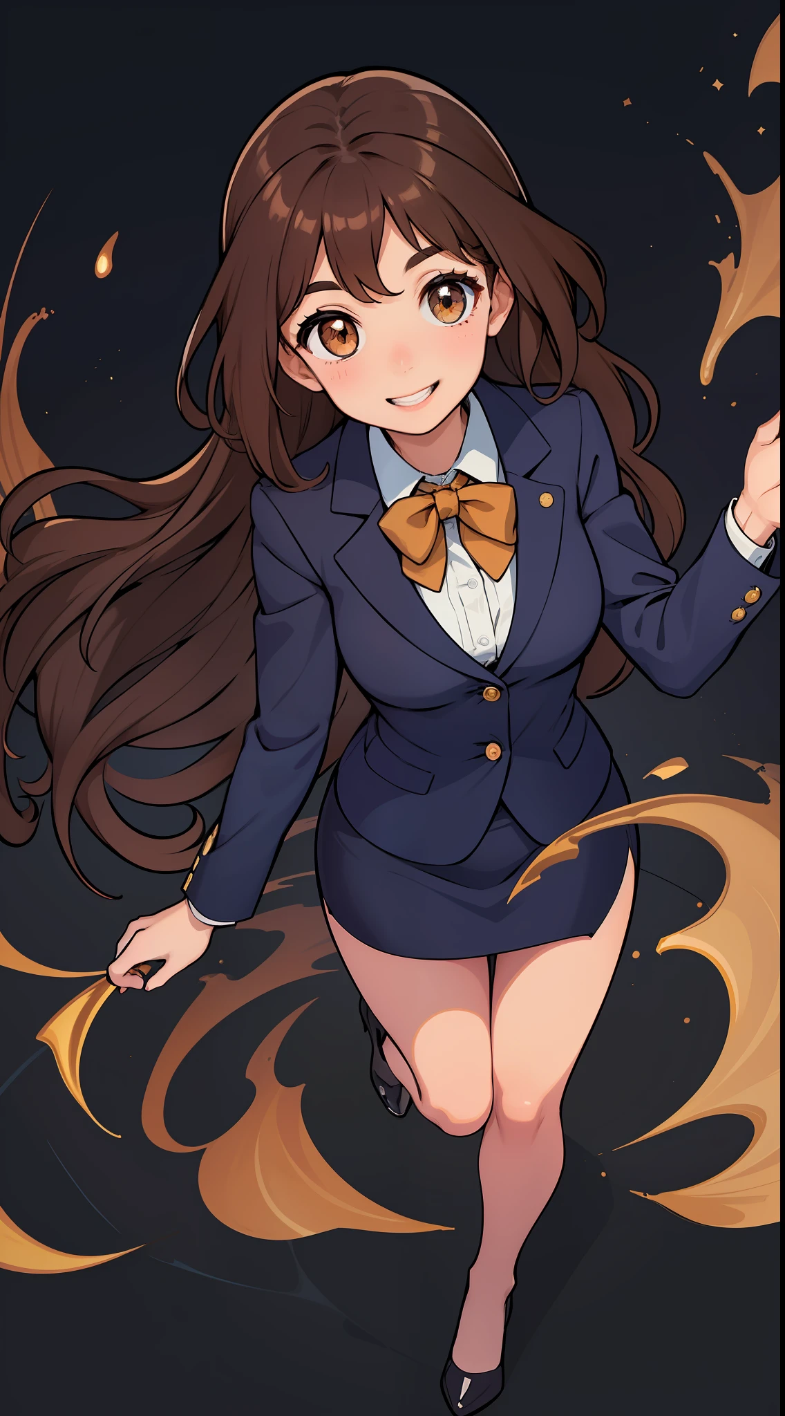 Woman, brown hair, wavy hair, smile, hazel eyes, extremely detailed, dark blue blazer, white blouse, dark blue knee length pencil skirt, exposed legs, black high heels, full body shot
