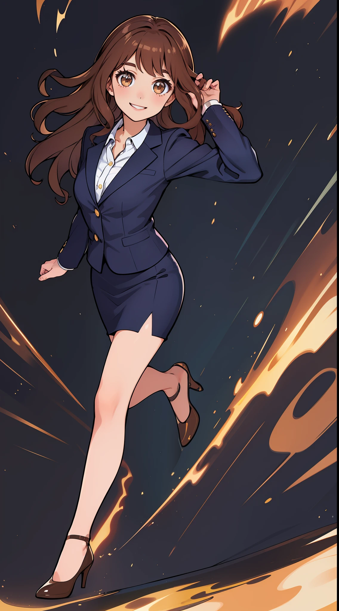 Woman, brown hair, wavy hair, smile, hazel eyes, extremely detailed, dark blue blazer, white blouse, dark blue knee length pencil skirt, exposed legs, black high heels, full body shot