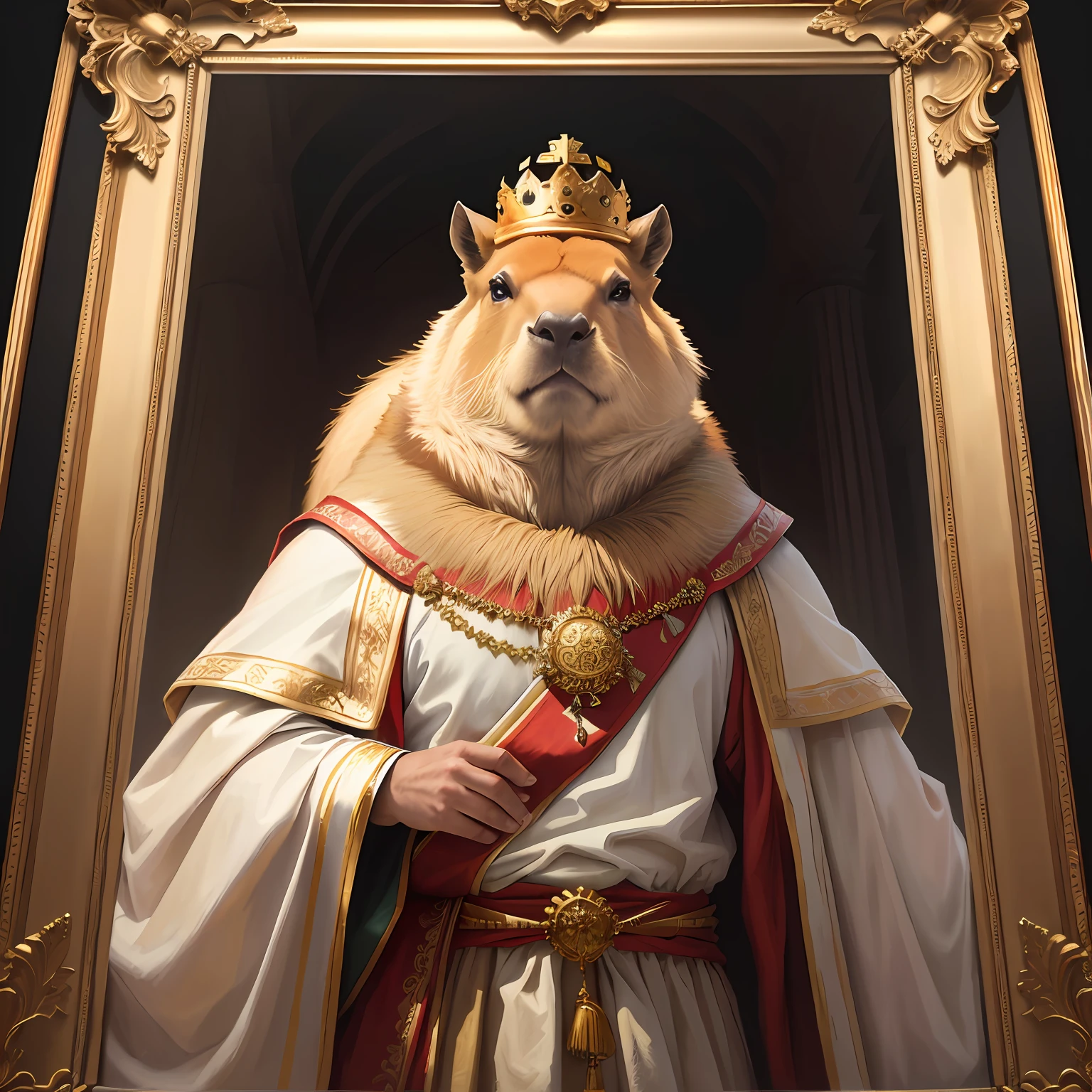 an oil portrait frame of a capybara with a crown on his head, wearing a majestic clothes and a classic simple background