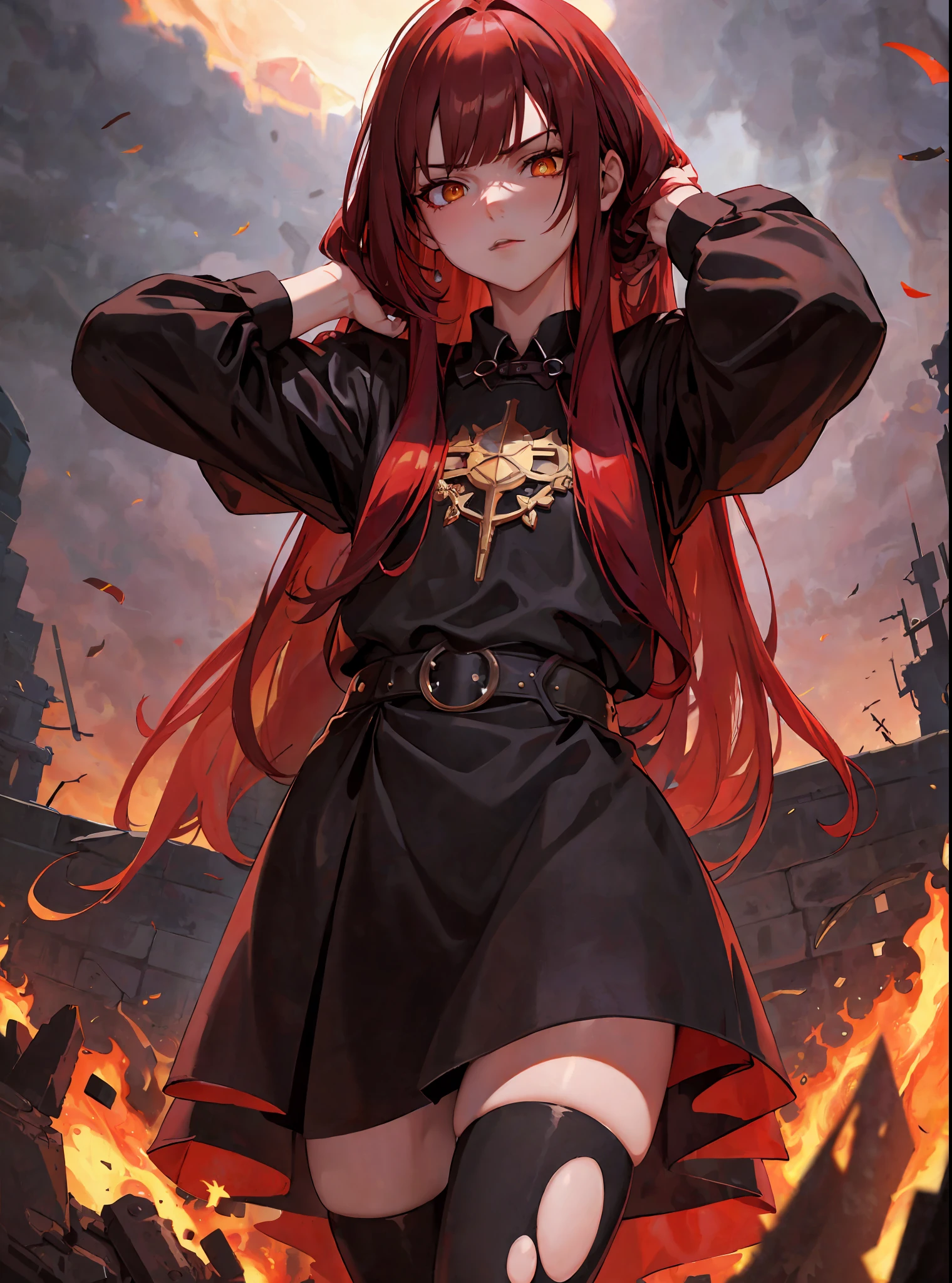 (masterpiece, best quality) an adult woman with very long red hair with short red latex dress, black bows, long stockings, black boots, torn clothes, queen, yellow eyes, serious, blood, emotionless, red sky, burning black forests, straight bangs, red long hair, evil, (yellow eyes), ruins of gothic architecture, fire burning in the sky, setting sun,  medium chest, head-to-waist portrait, cinematics, color oil painting, cinematic lighting, extremely detailed face, finely detailed face, beautiful face, beautiful eyes, perfect lighting, depth of field, realistic proportions, good anatomy,