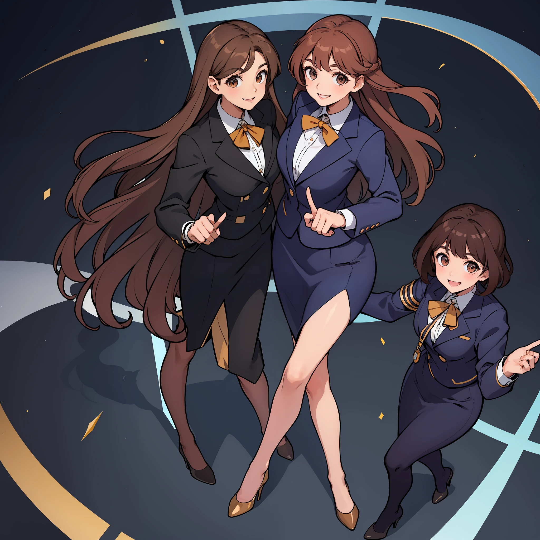 Woman, brown hair, wavy hair, hazel eyes, extremely detailed, smile, dark blue blazer, white blouse, dark blue knee length pencil skirt, exposed legs, black high heels, full body shot, same pose, matching outfits, identical outfits, clones, millions of girls, crowded, girls in background marching
